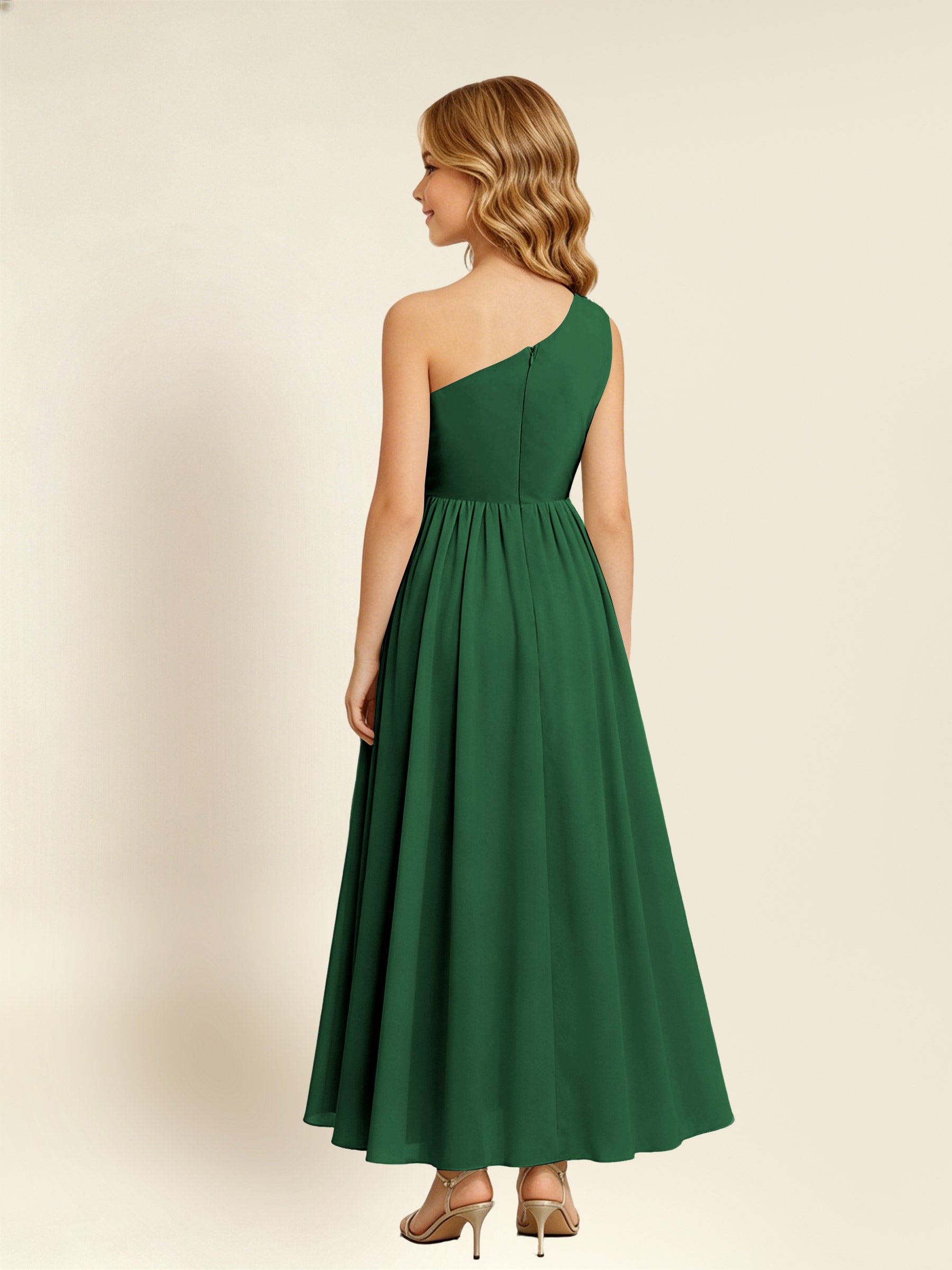 ROVDESY One Shoulder Twist Waist Chiffon Junior Bridesmaid Maxi Dress