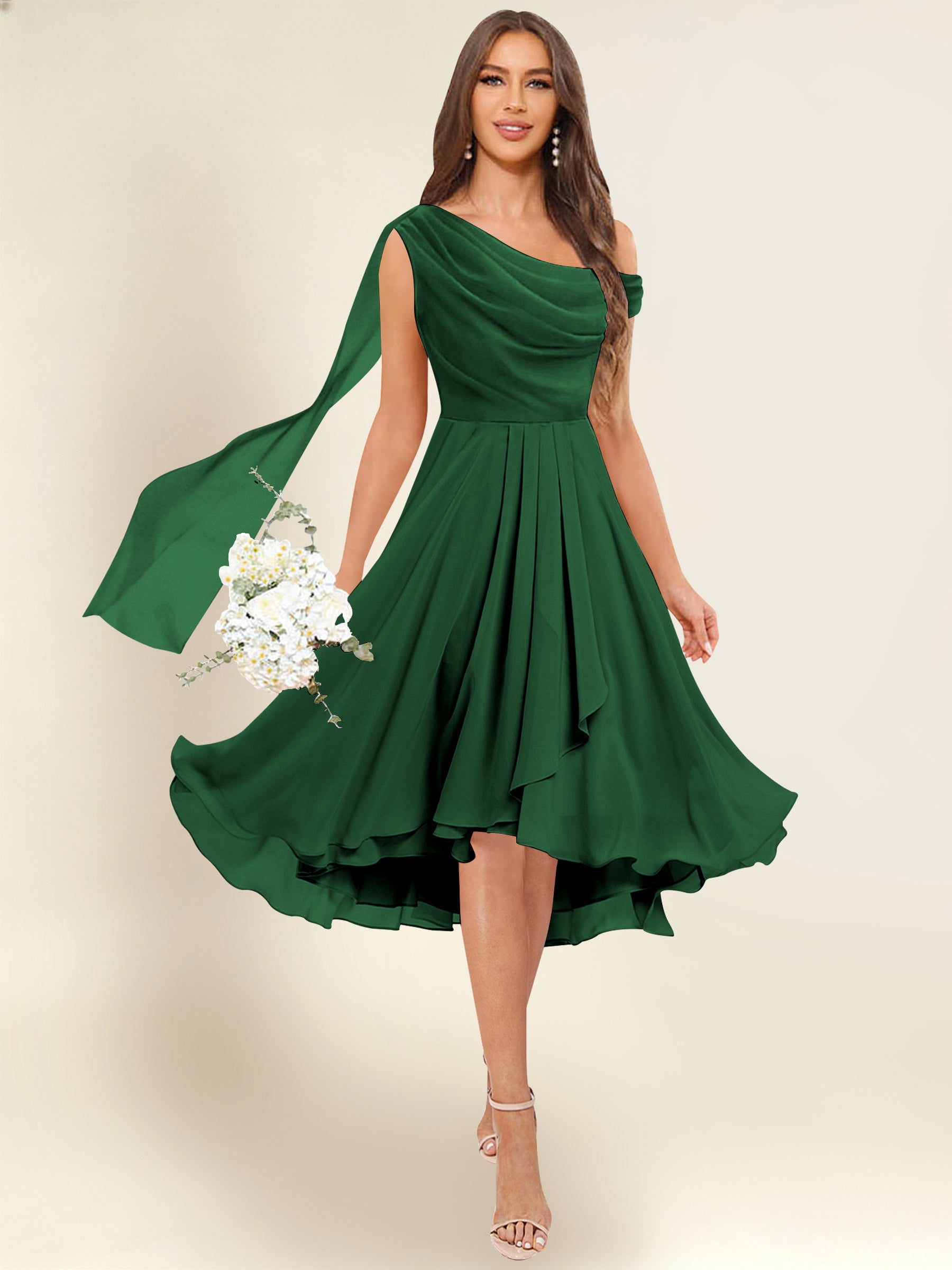 ROVDESY A-Line One Shoulder Pleated Chiffon Bridesmaid Dress With Flowing Sash