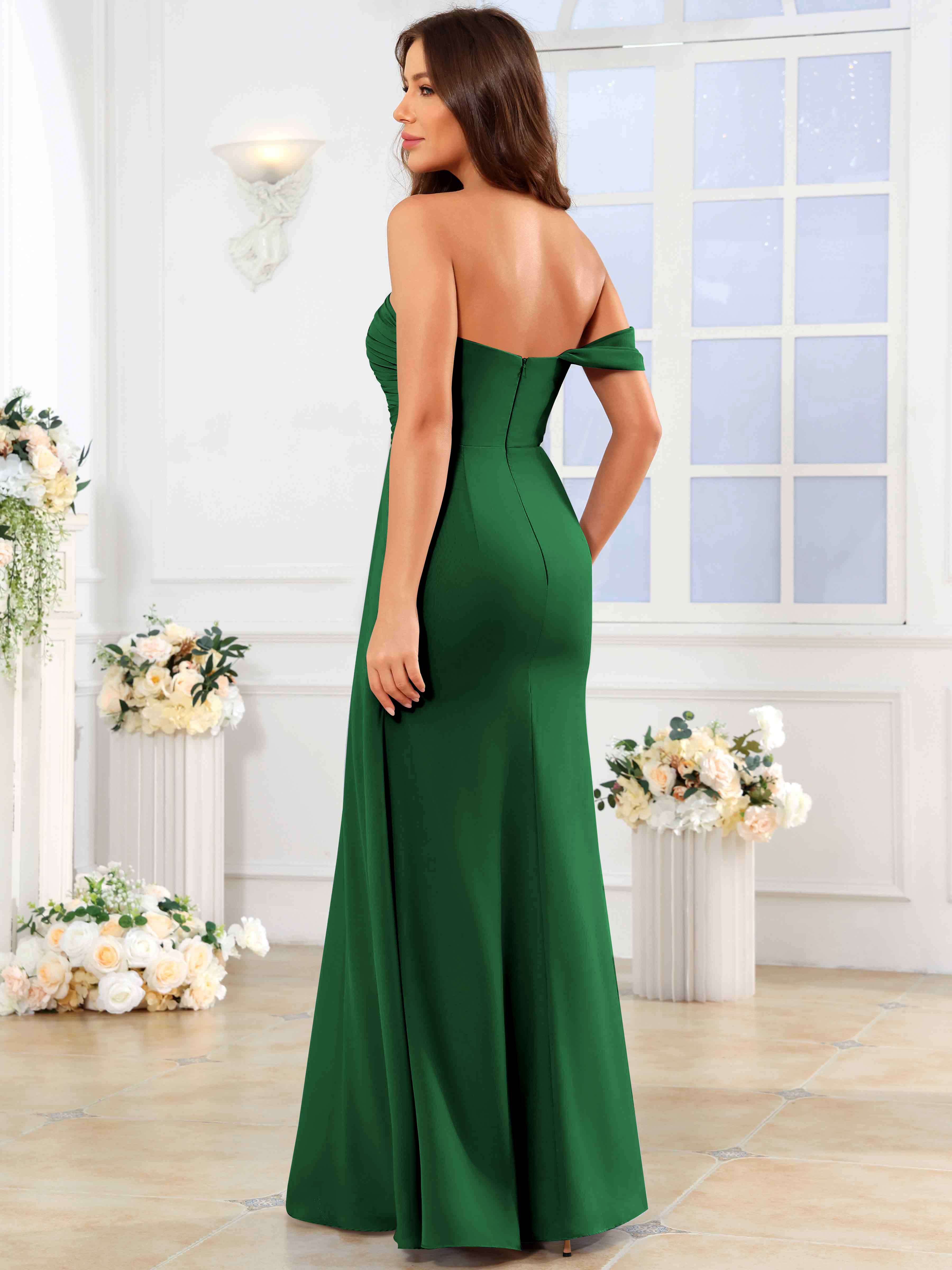 ROVDESY One Shoulder Off The Shoulder Pleated Chiffon Bridesmaid Dress