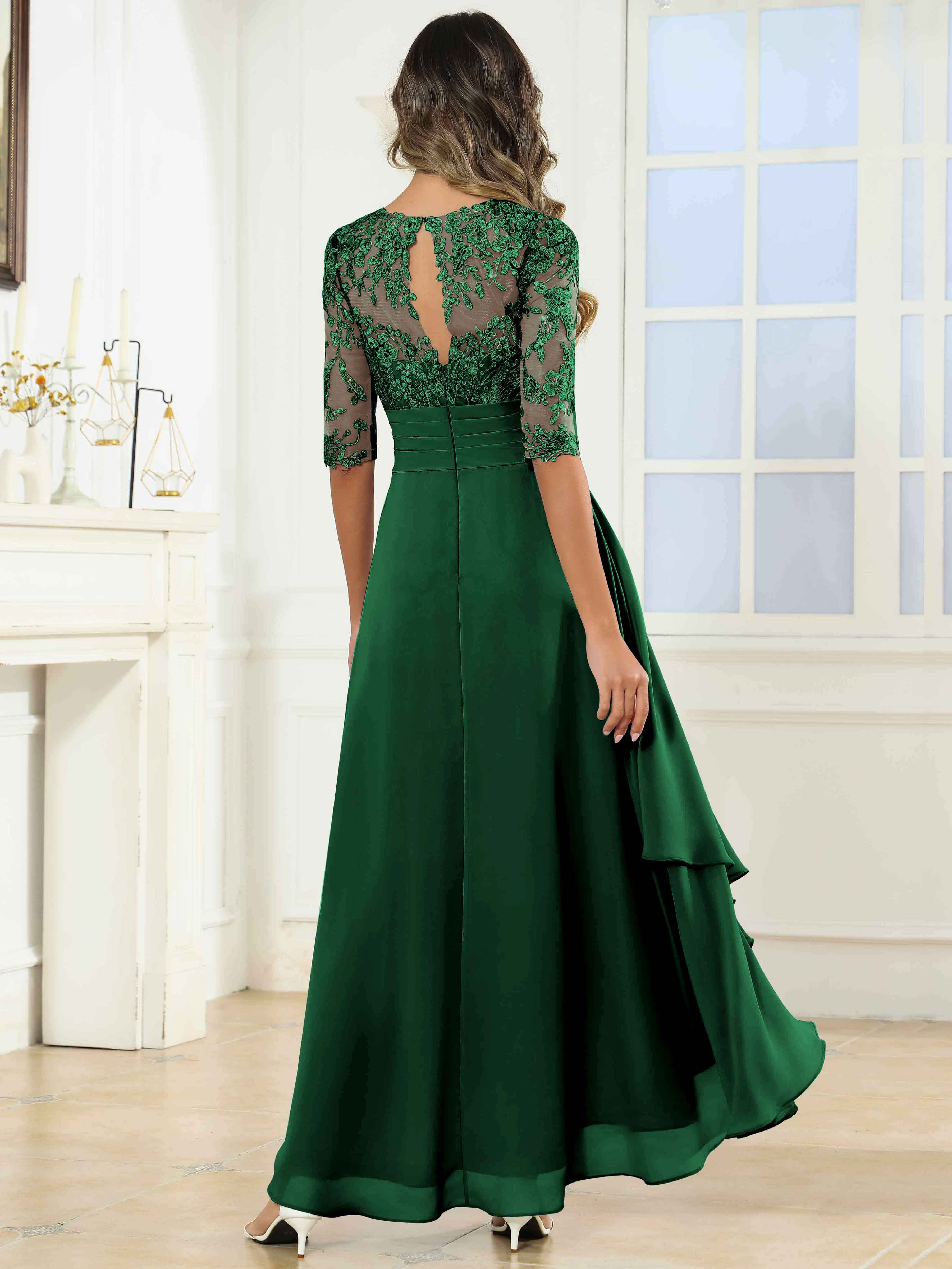 ROVDESY Tea Length A-Line Lace Chiffon Mother Of The Bride Dress With Half Sleeves