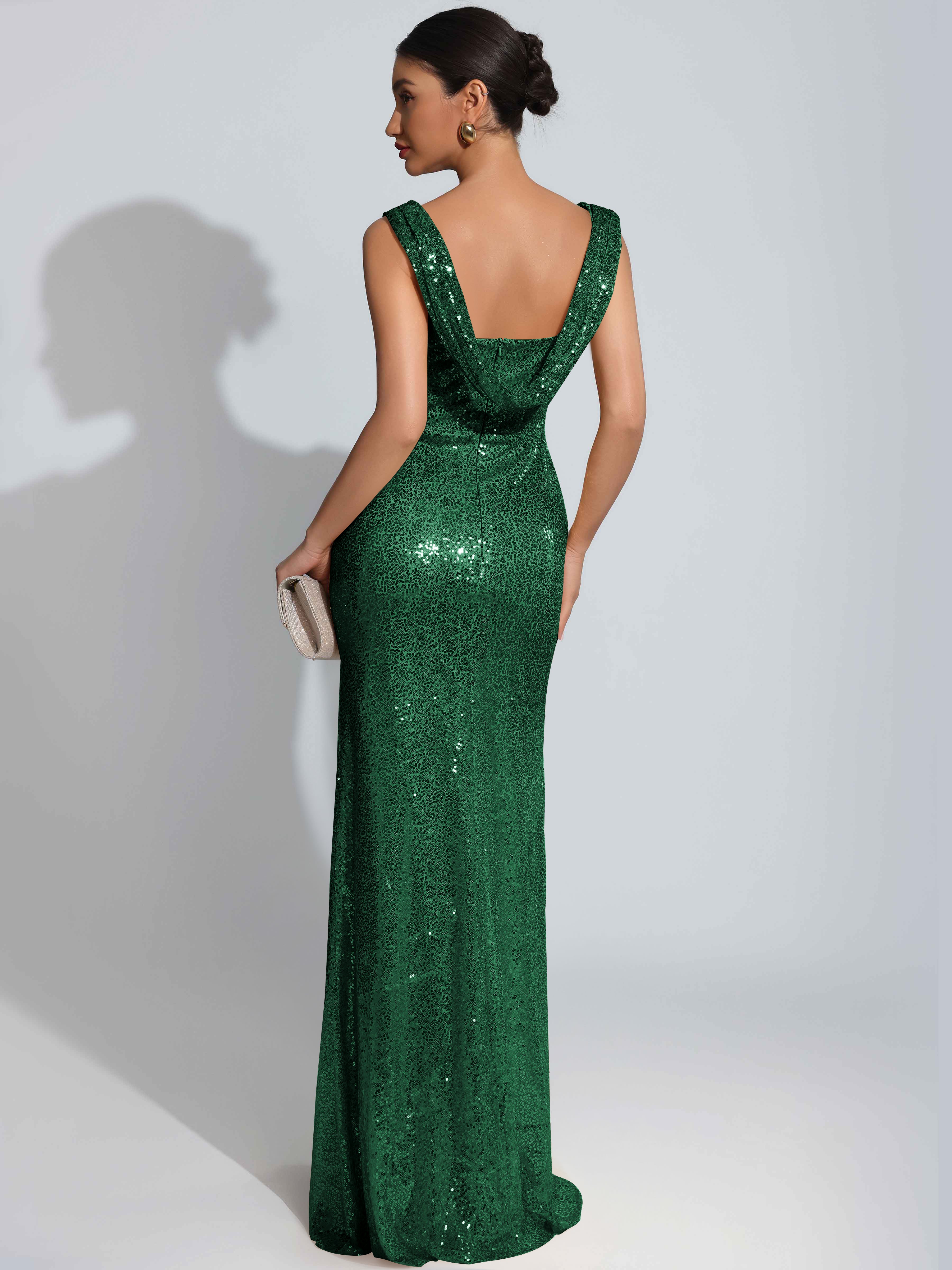 ROVDESY Sparkly Bateau Mermaid Ruched Sequin Long Prom Dress with Slit