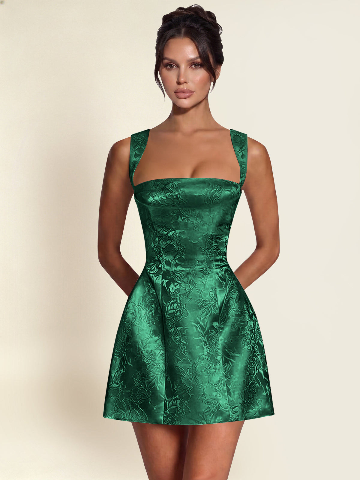 ROVDESY A-Line Square Neck Jacquard Satin Homecoming Mini Dress