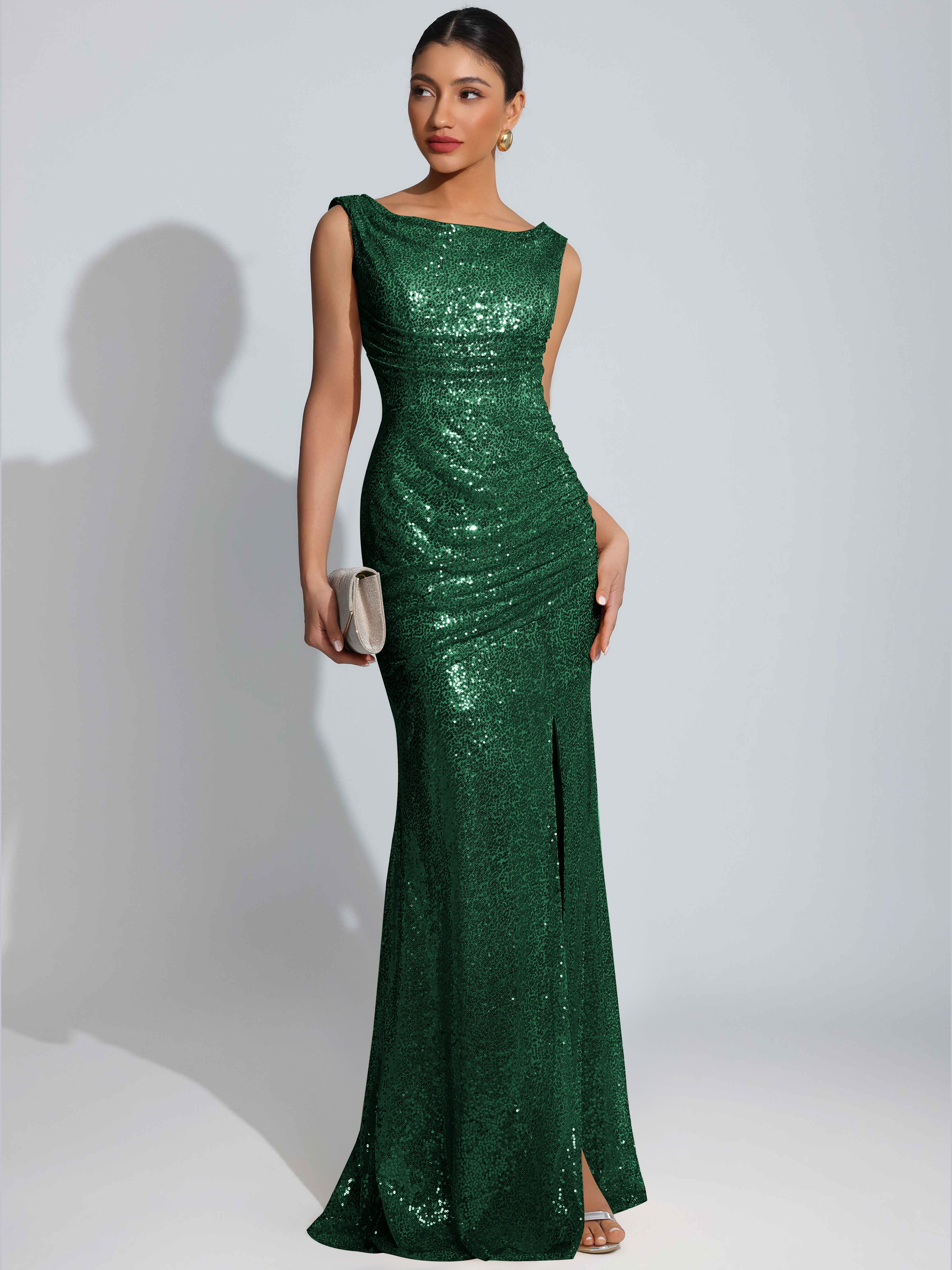ROVDESY Sparkly Bateau Mermaid Ruched Sequin Long Prom Dress with Slit