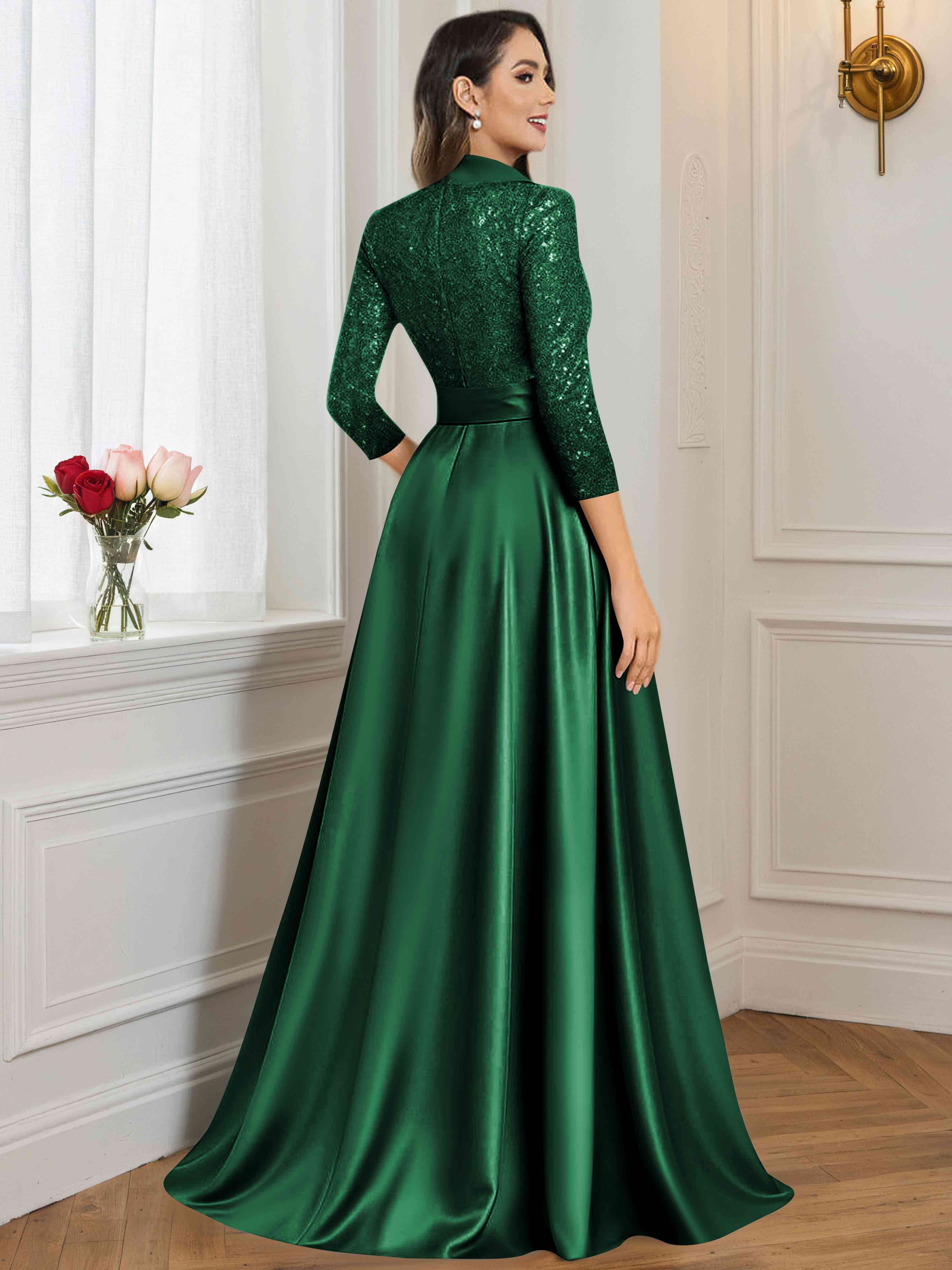 ROVDESY A-Line V Neck Sequin Satin  Long Mother of The Bride Dress Formal Gown With 3/4 Sleeves