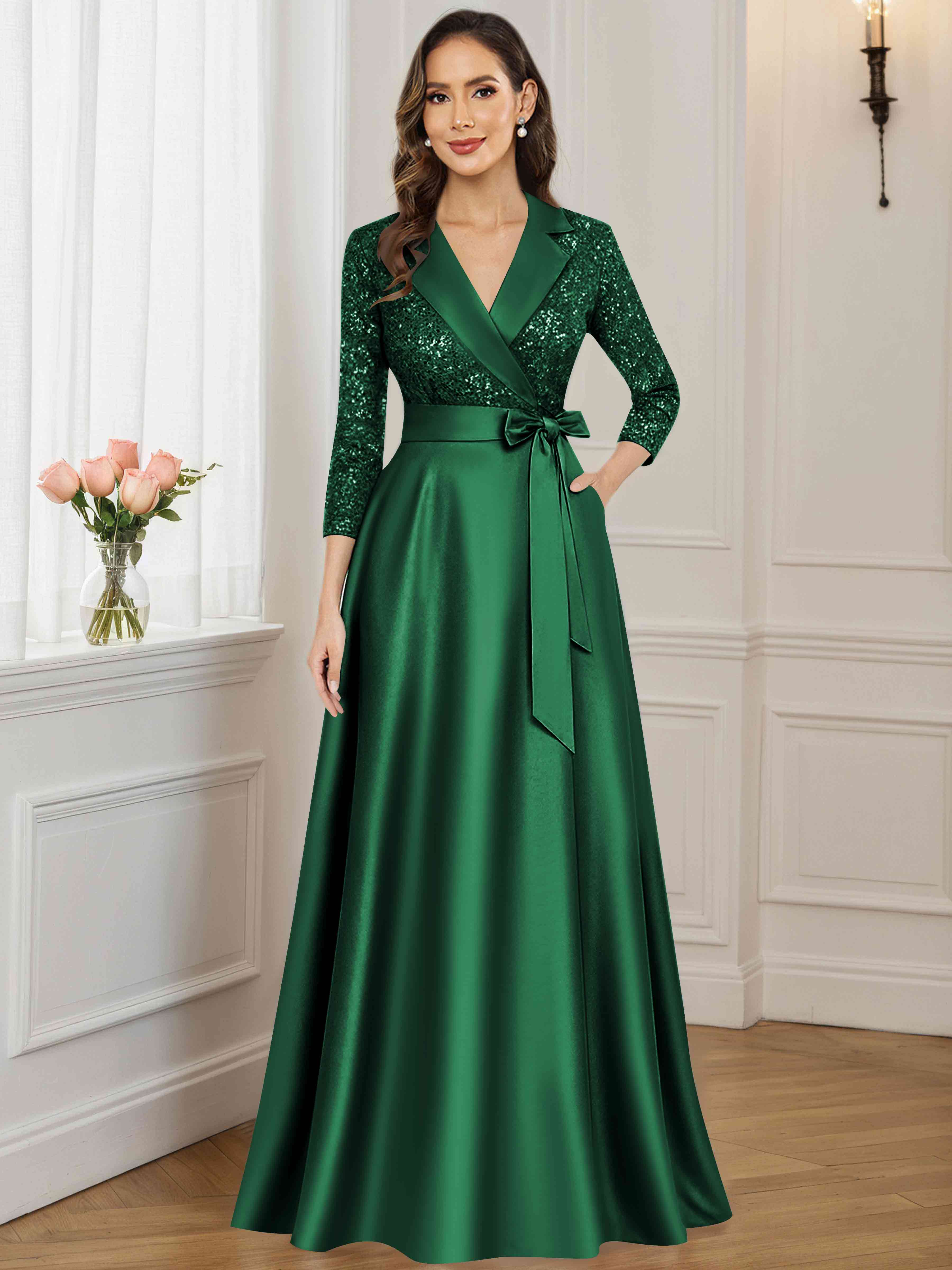 ROVDESY A-Line V Neck Sequin Satin  Long Mother of The Bride Dress Formal Gown With 3/4 Sleeves