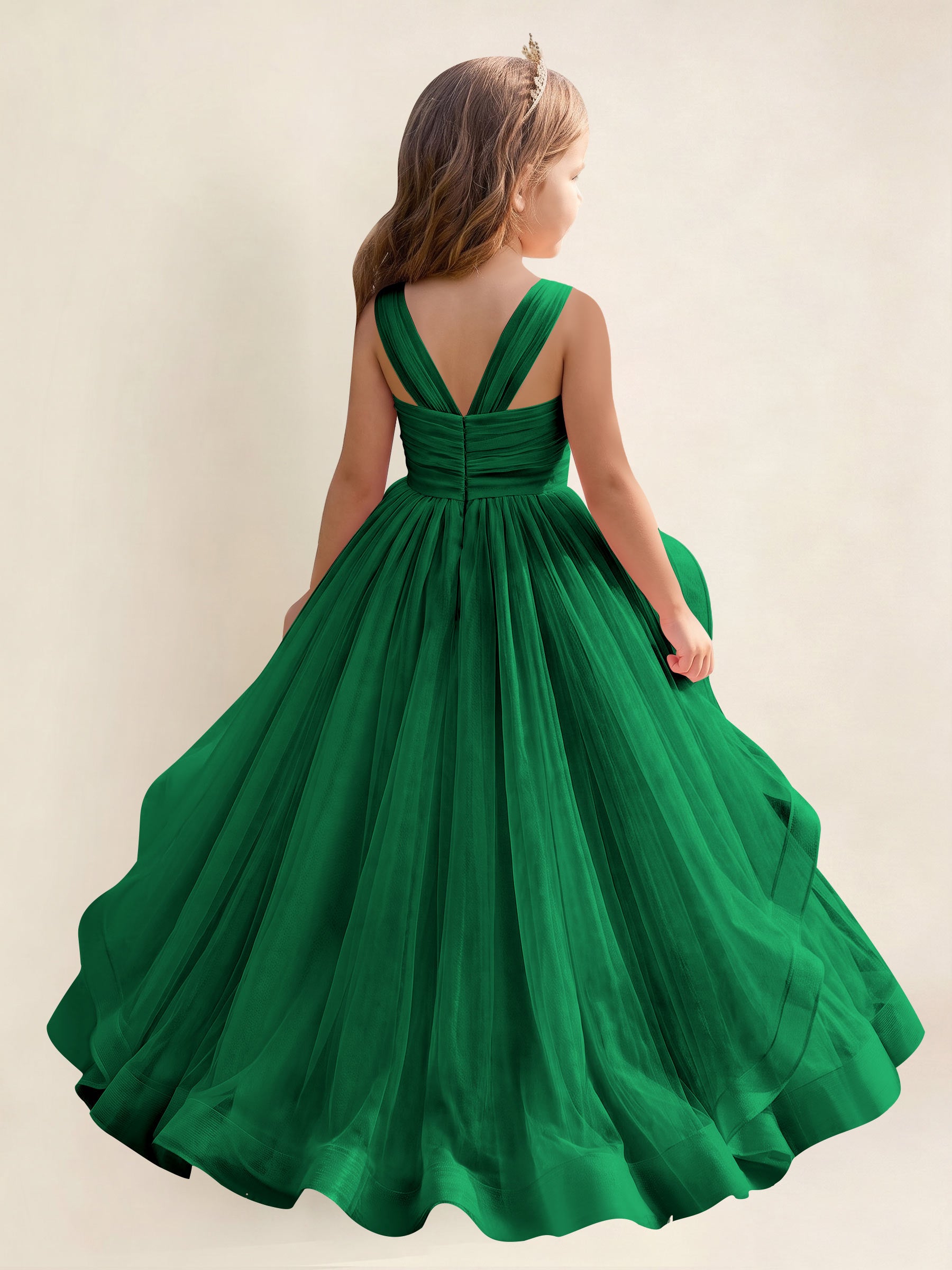 ROVDESY A-Line V-Neck Tulle Flower Girl Dress With Sleeveless Long Ball Gown Dress