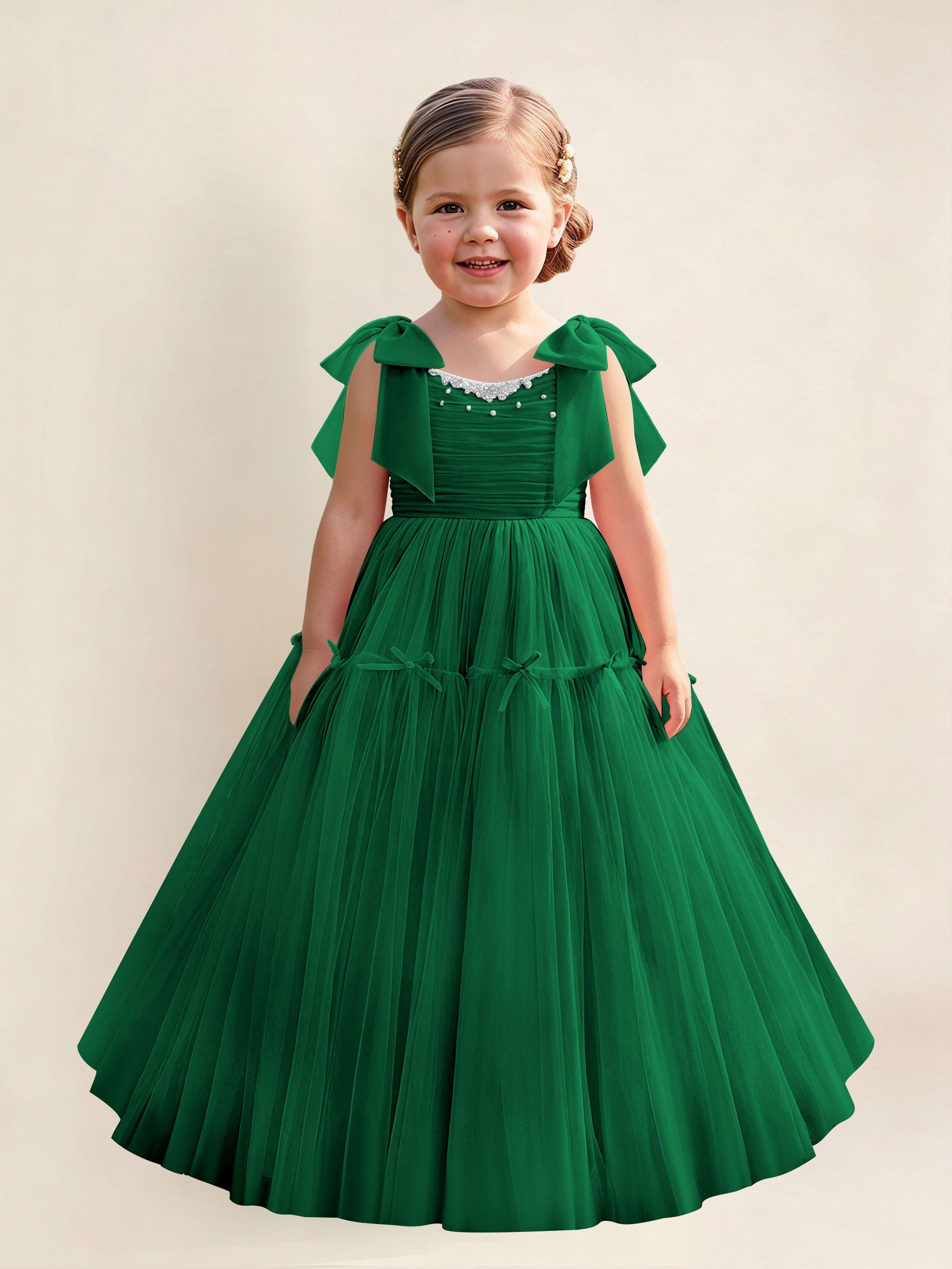 ROVDESY A-Line Tulle Flower Girl Dress With Bow Long Ball Gown Dress