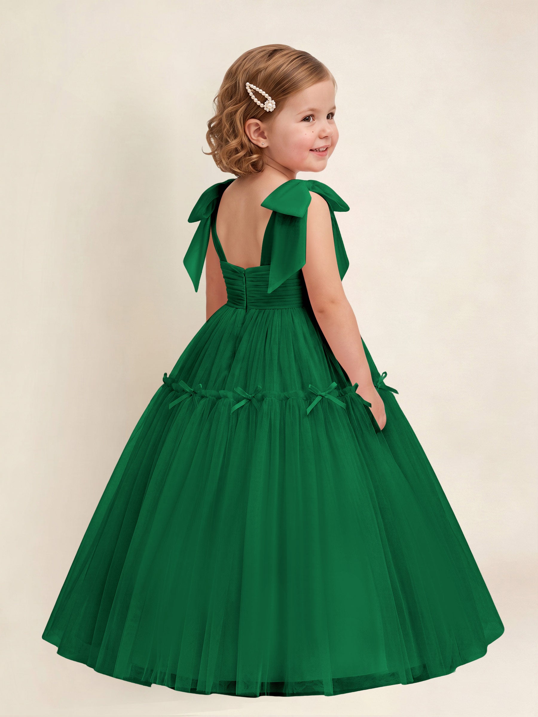 ROVDESY A-Line Tulle Flower Girl Dress With Bow Long Ball Gown Dress