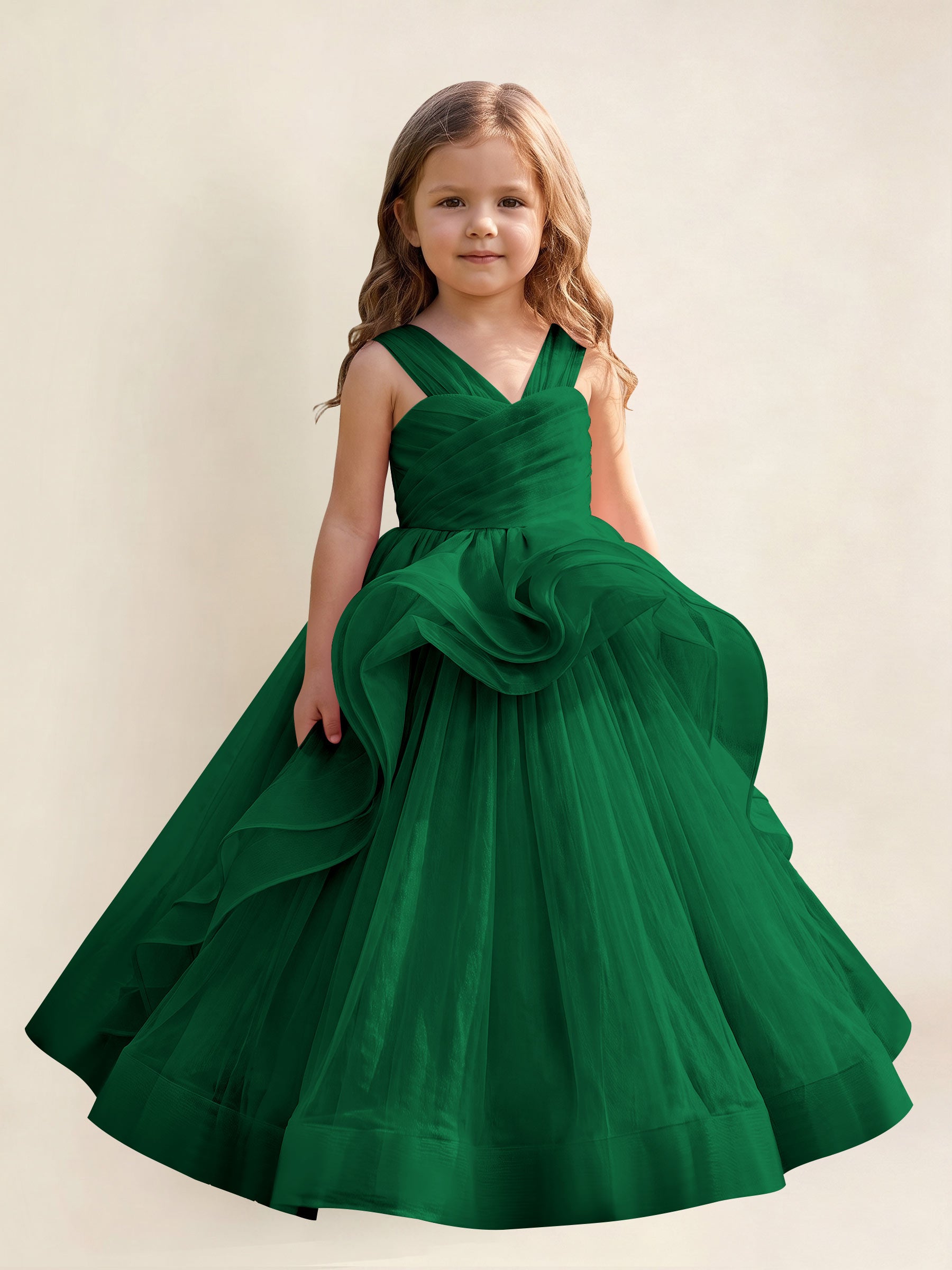 ROVDESY A-Line V-Neck Tulle Flower Girl Dress With Sleeveless Long Ball Gown Dress