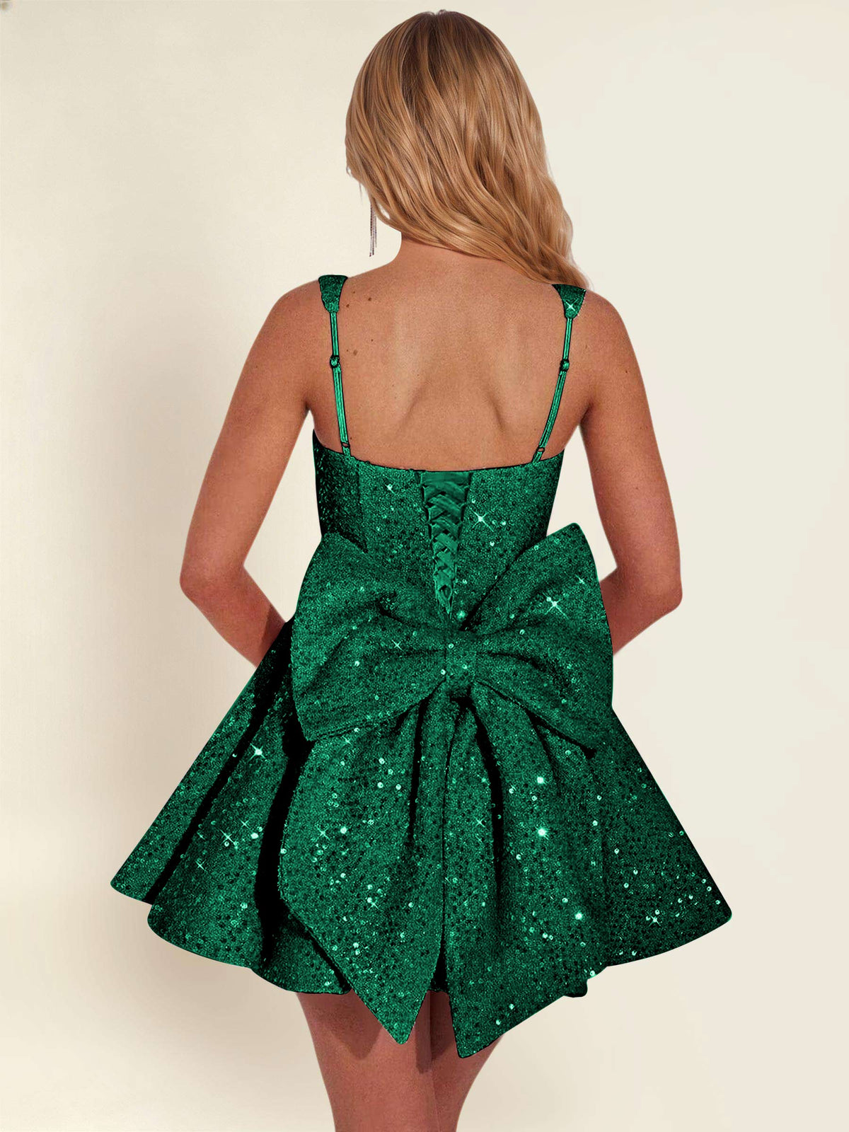 ROVDESY Sparkly Sequin A-Line Square Neck Homecoming Mini Dress With Big Bow