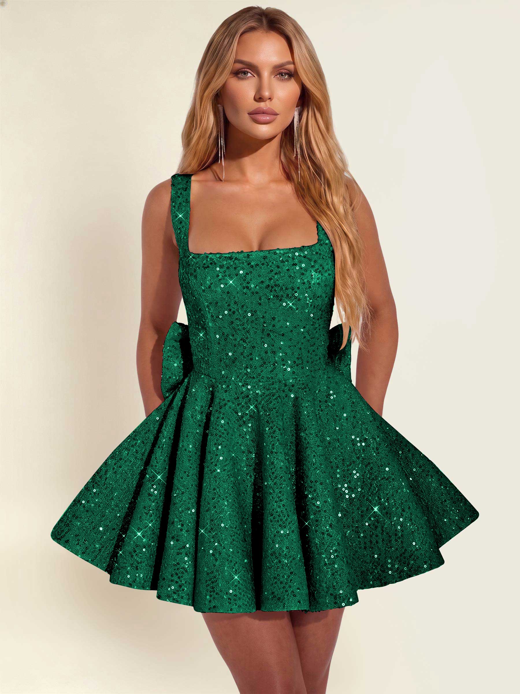 ROVDESY Sparkly Sequin A-Line Square Neck Homecoming Mini Dress With Big Bow