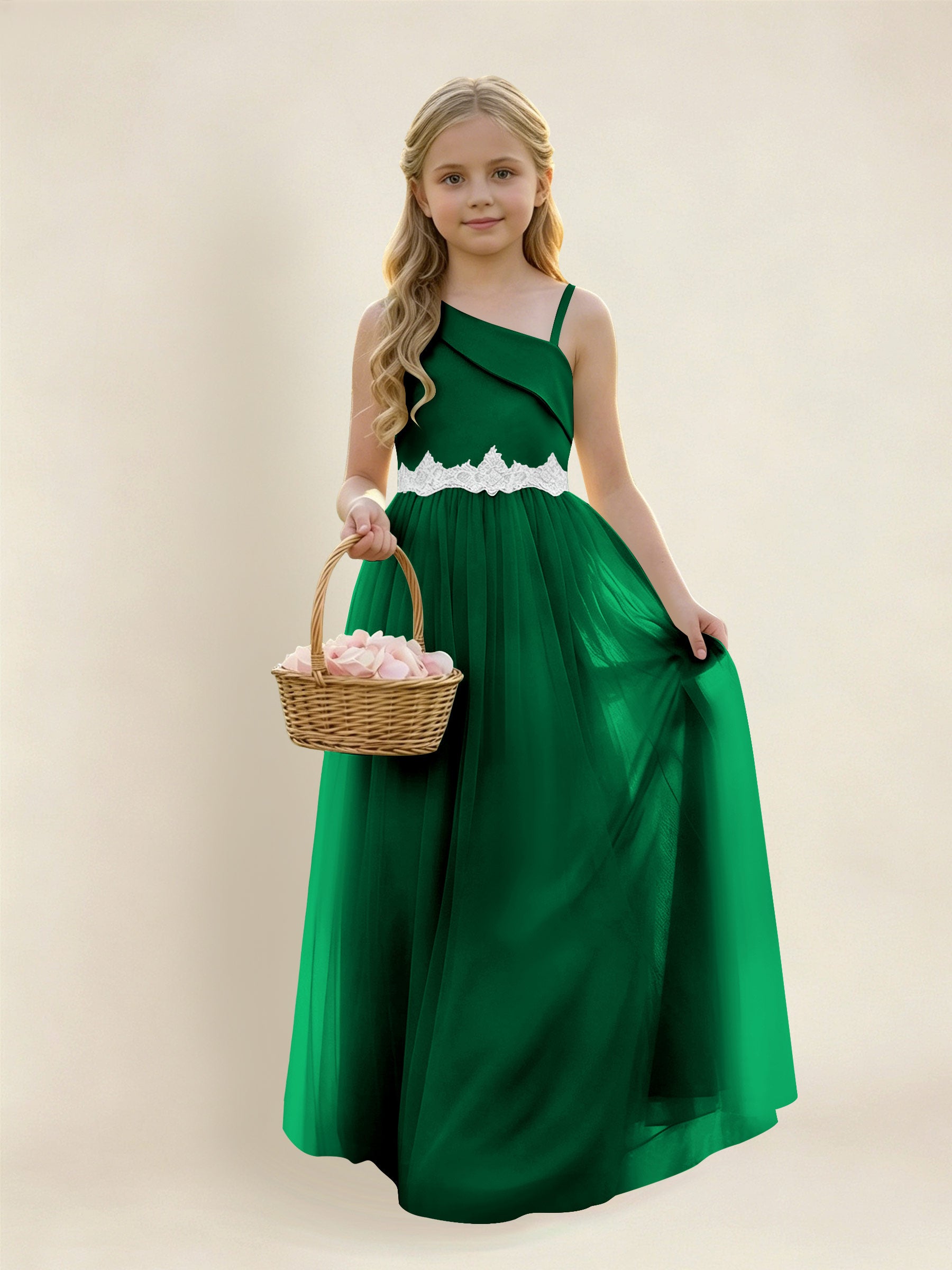 ROVDESY Asymmetric One Shoulder  Satin  Tulle Junior Bridesmaid Dress