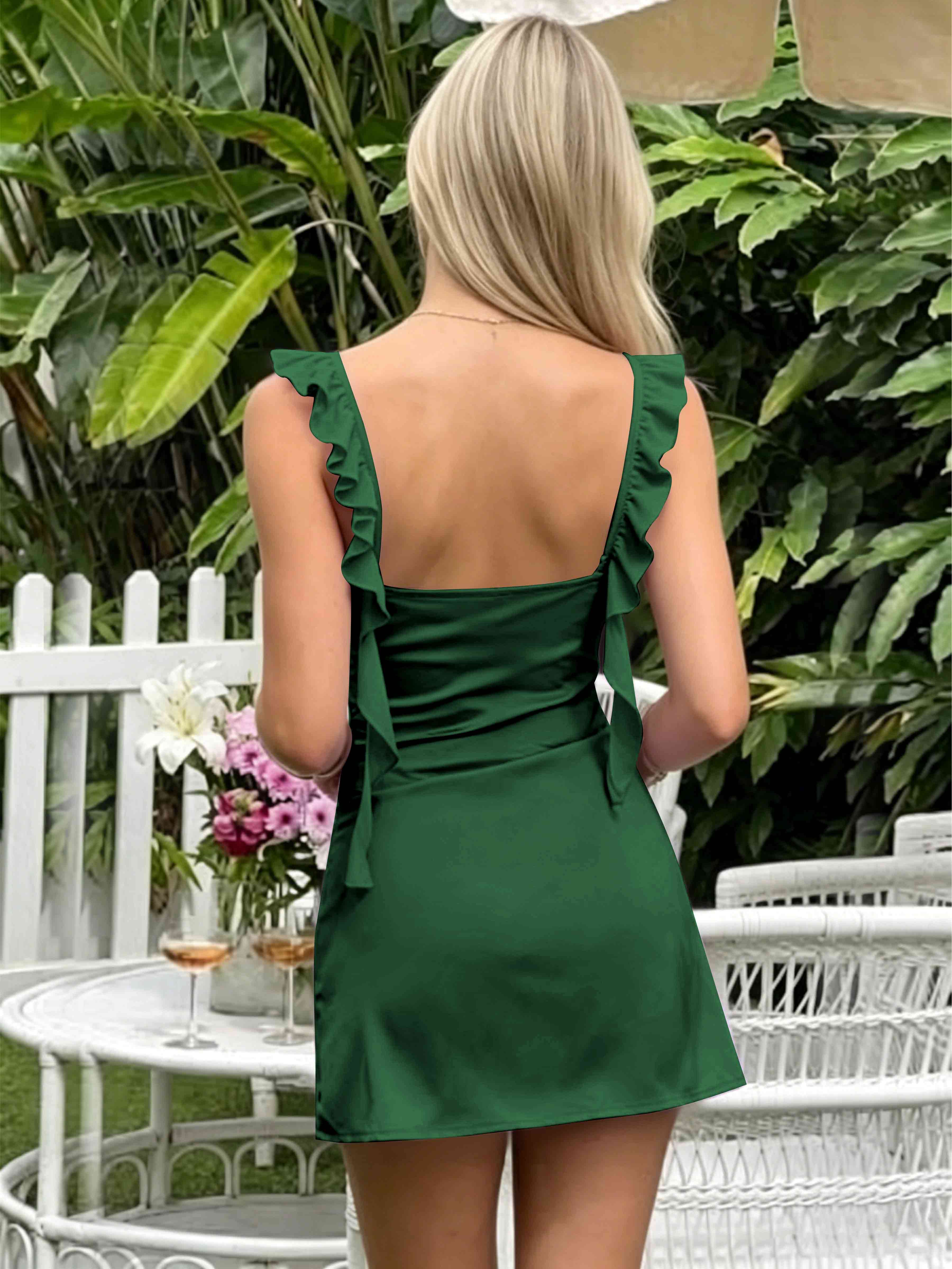ROVDESY A-Line Ruffle Strap Satin Homecoming Mini Dress