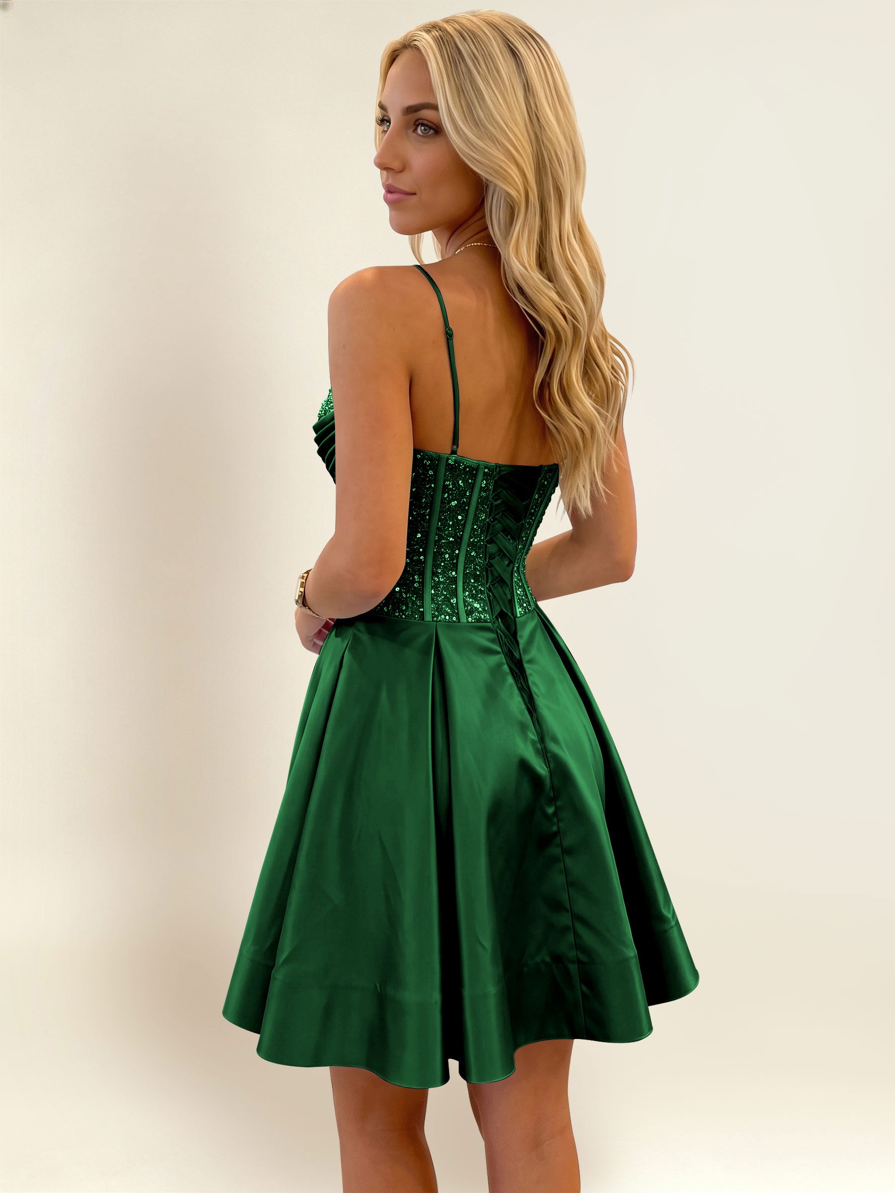 ROVDESY A-Line Spaghetti Strap Sequin Corset Satin Homecoming Mini Dress