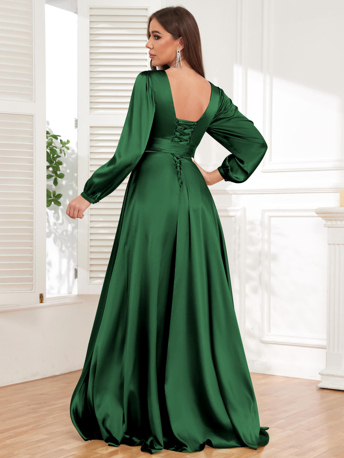 V Neck Satin Long Sleeve Bridesmaid Dress with Slit