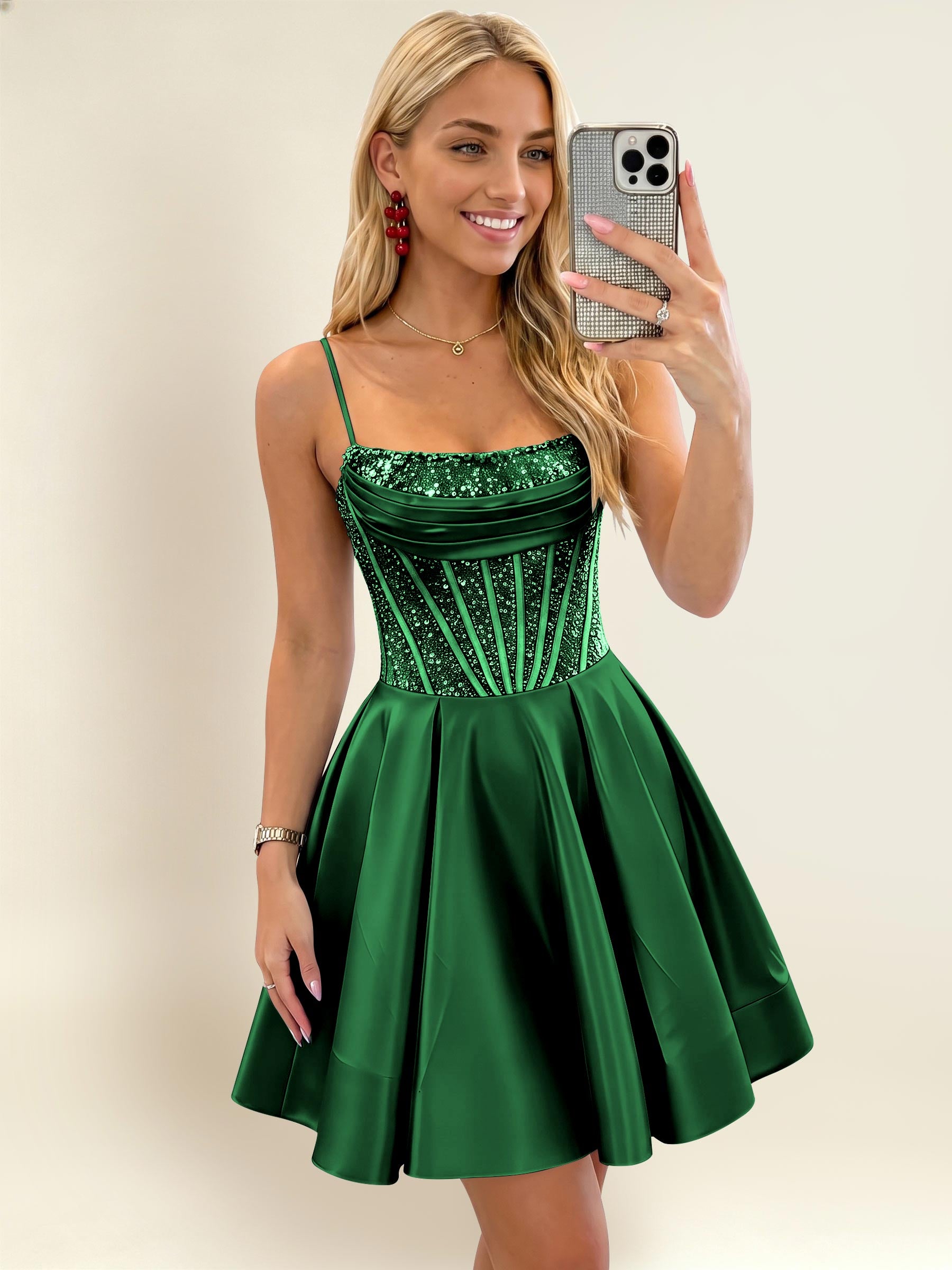ROVDESY A-Line Spaghetti Strap Sequin Corset Satin Homecoming Mini Dress