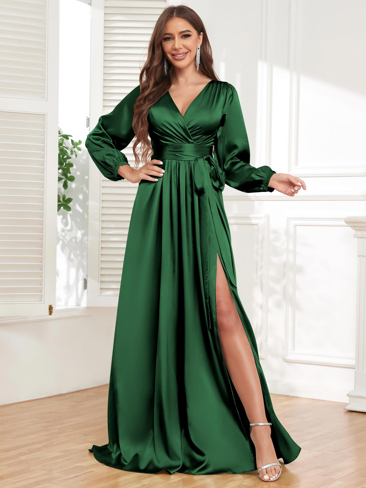 V Neck Satin Long Sleeve Bridesmaid Dress with Slit