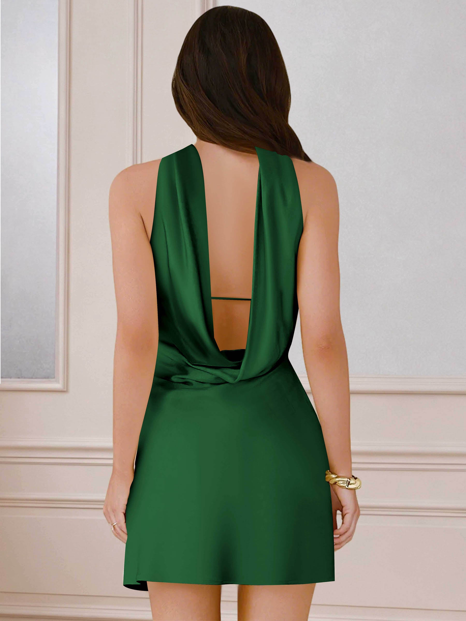 ROVDESY A-Line Halter Neck Satin Homecoming Mini Dress