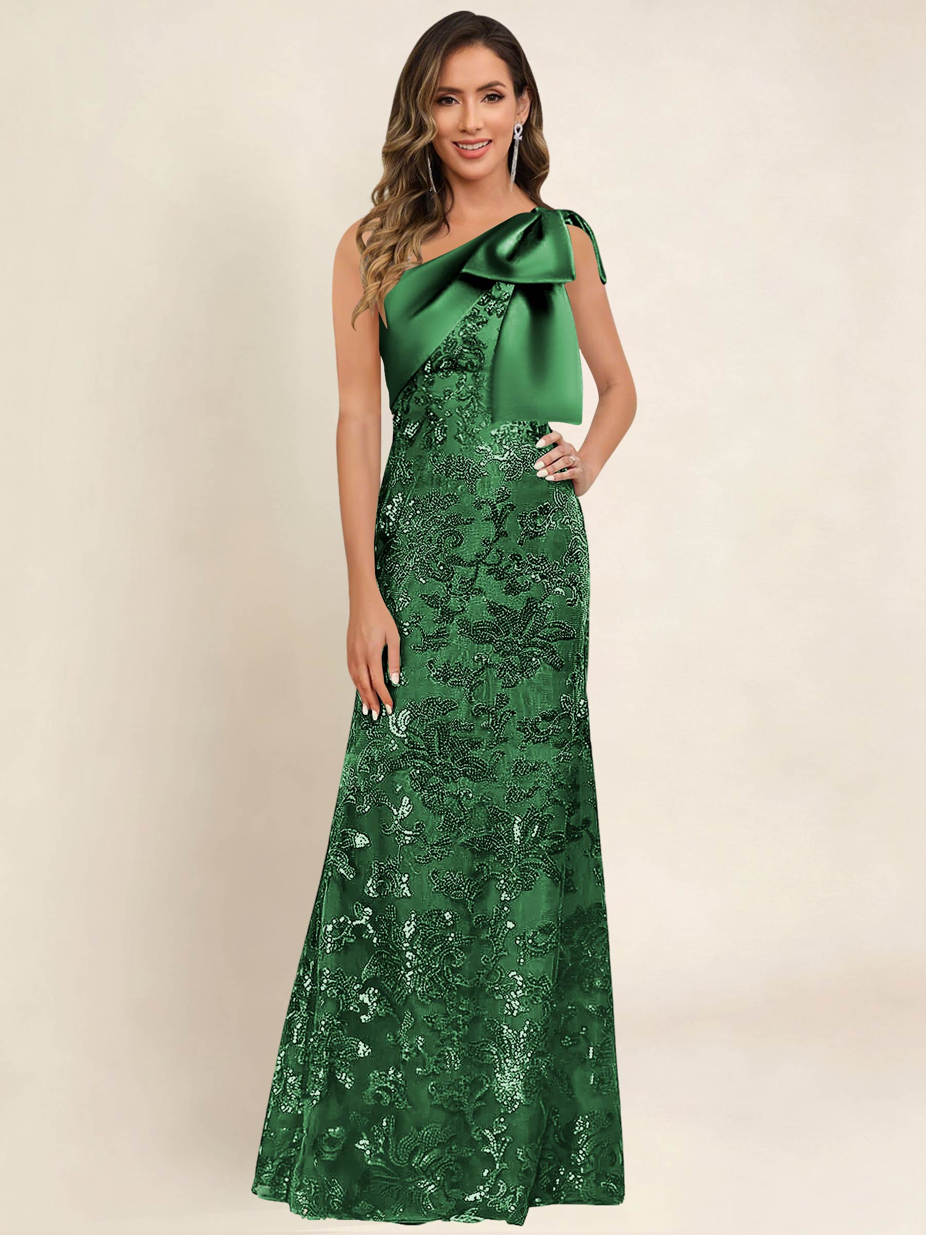 ROVDESY One Shoulder Sequin Mermaid Long Mother Of The Bride Dress Formal Gown With Bow