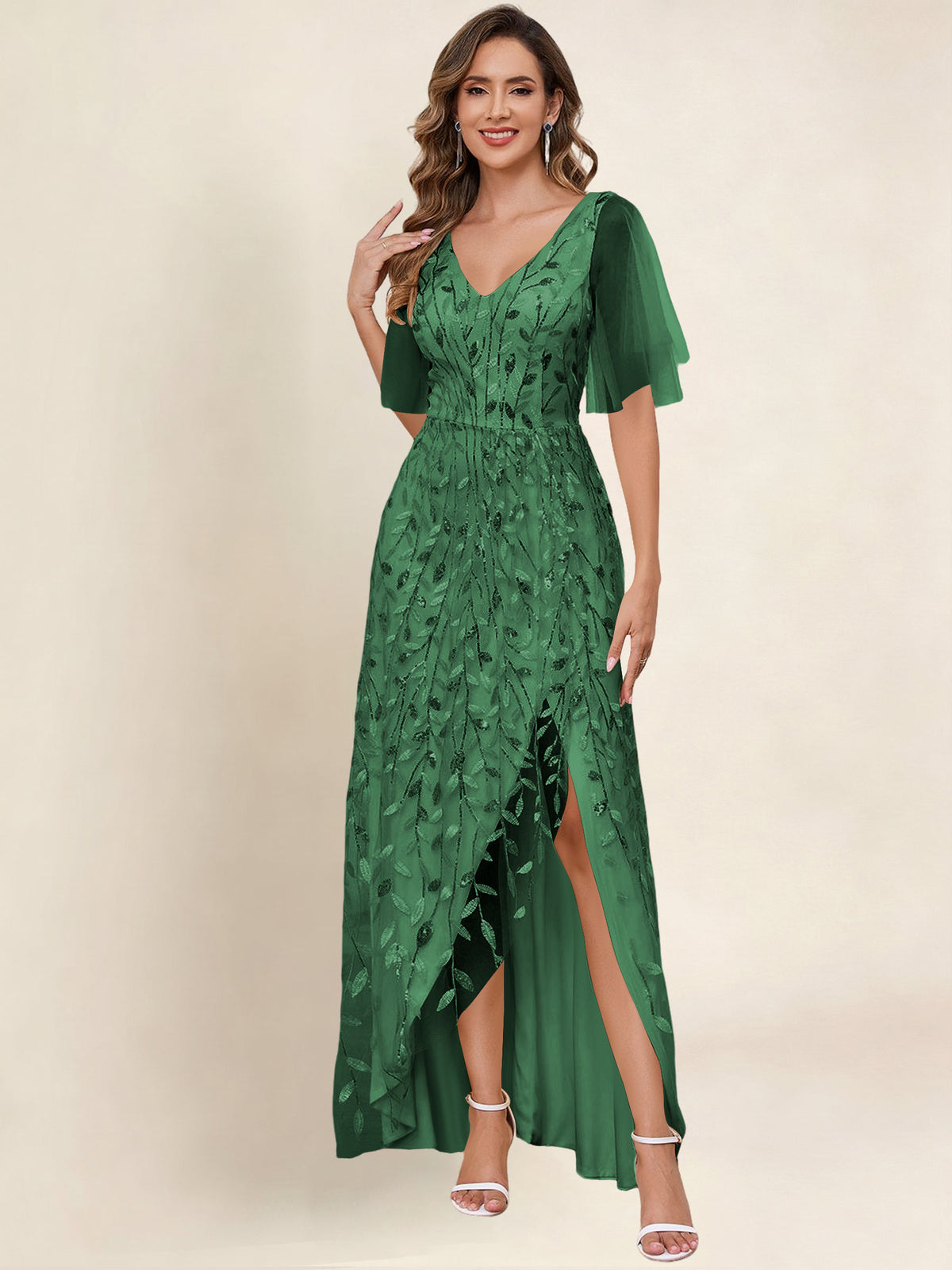 V Neck Sequin Tulle A Line Mother of the Bride Dress with Sleeves