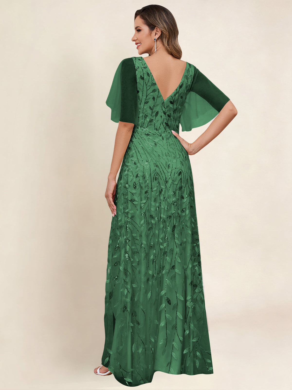 V Neck Sequin Tulle A Line Mother of the Bride Dress with Sleeves