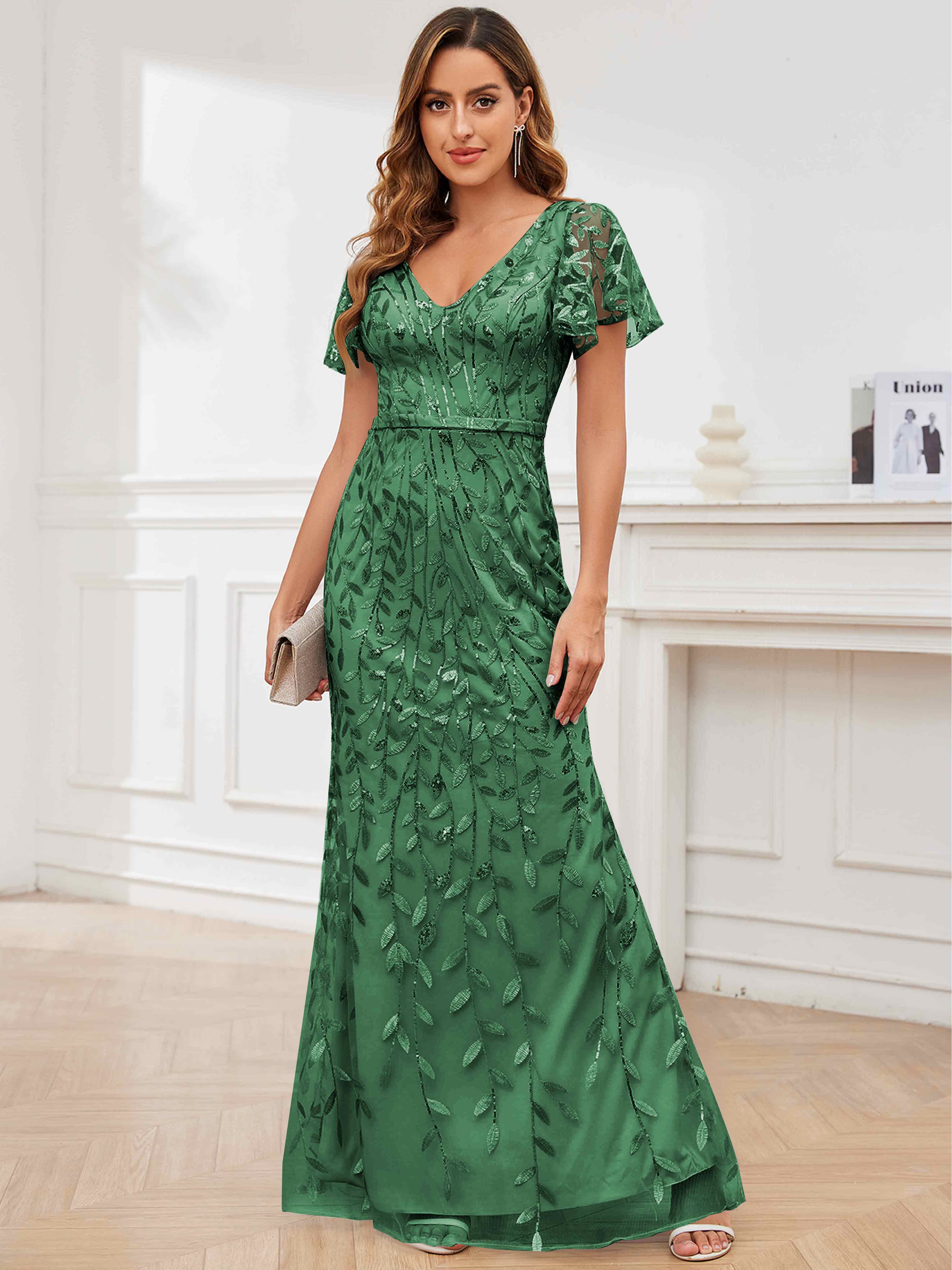 ROVDESY V-Neck Mermaid Sequin Mother Of The Bride Dress With Short Sleeves