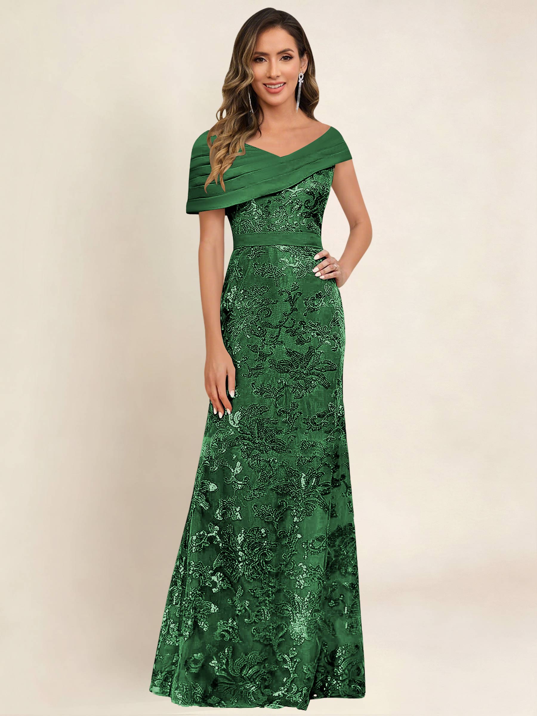 ROVDESY Off the Shoulder Sequin Mermaid Long Mother Of The Bride Dress Formal Gown