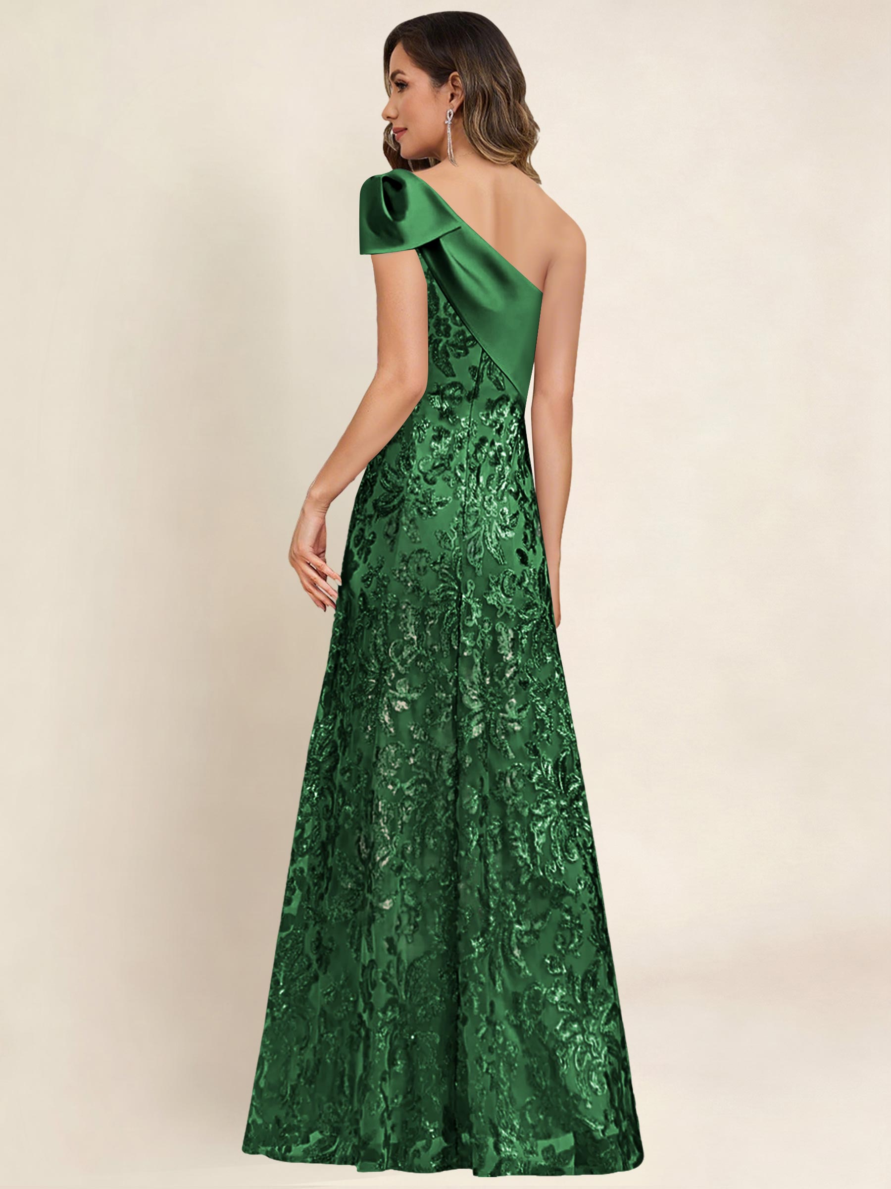 ROVDESY One Shoulder Sequin Mermaid Long Mother Of The Bride Dress Formal Gown With Bow