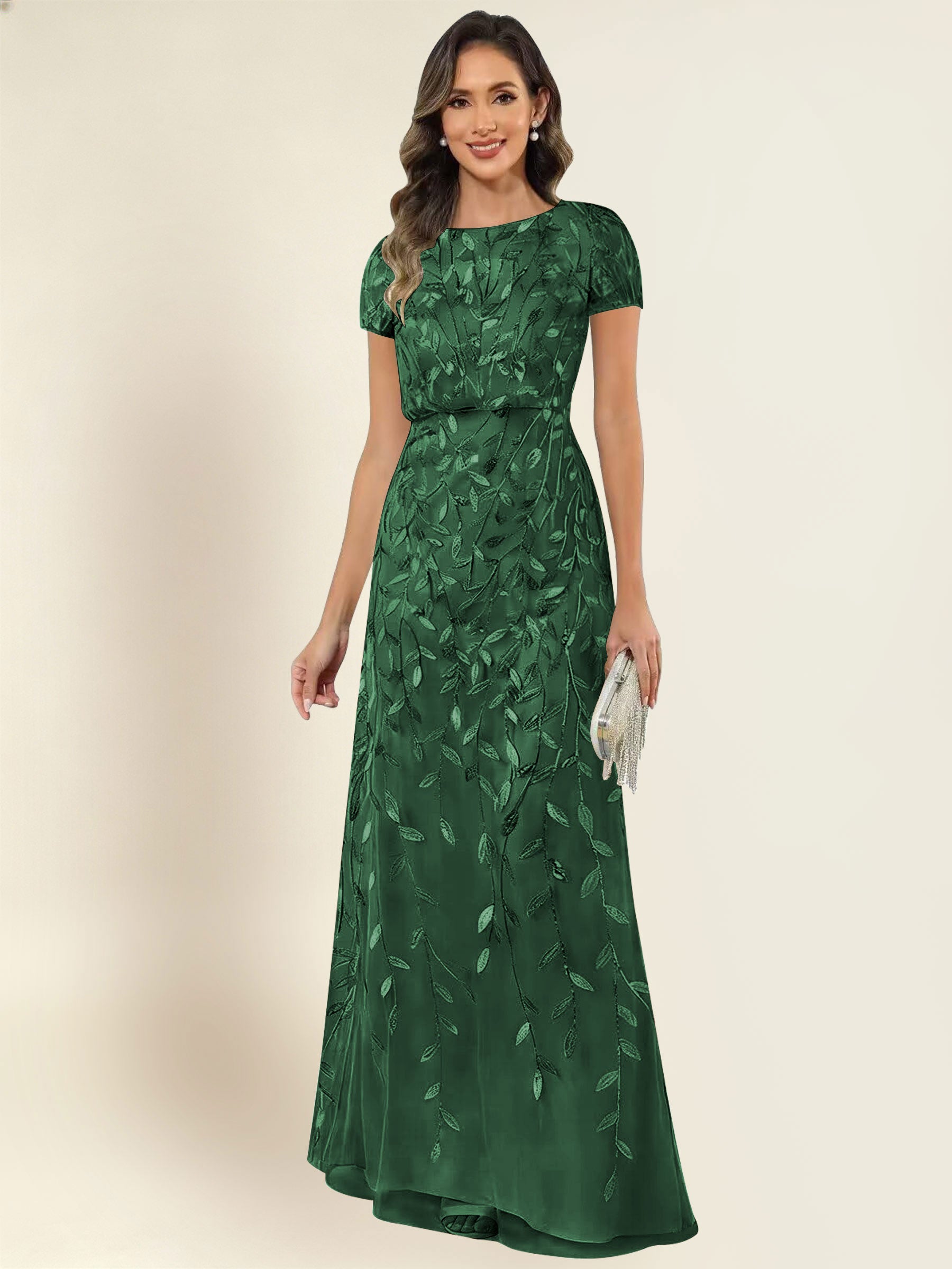 ROVDESY Sequin Mermaid Long Mother Of The Bride Dress With Short Sleeves Formal Gown