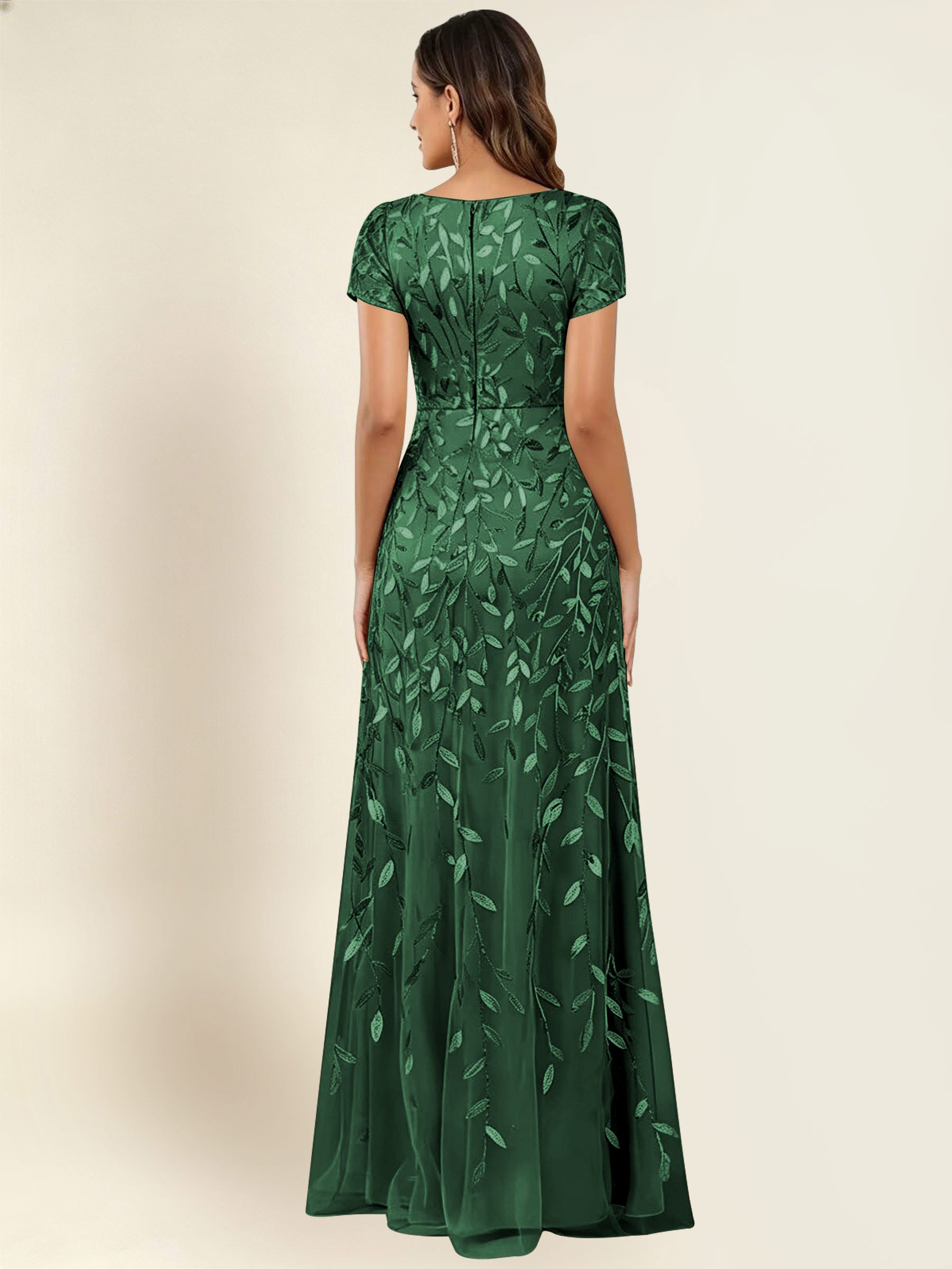 ROVDESY Sequin Mermaid Long Mother Of The Bride Dress With Short Sleeves Formal Gown