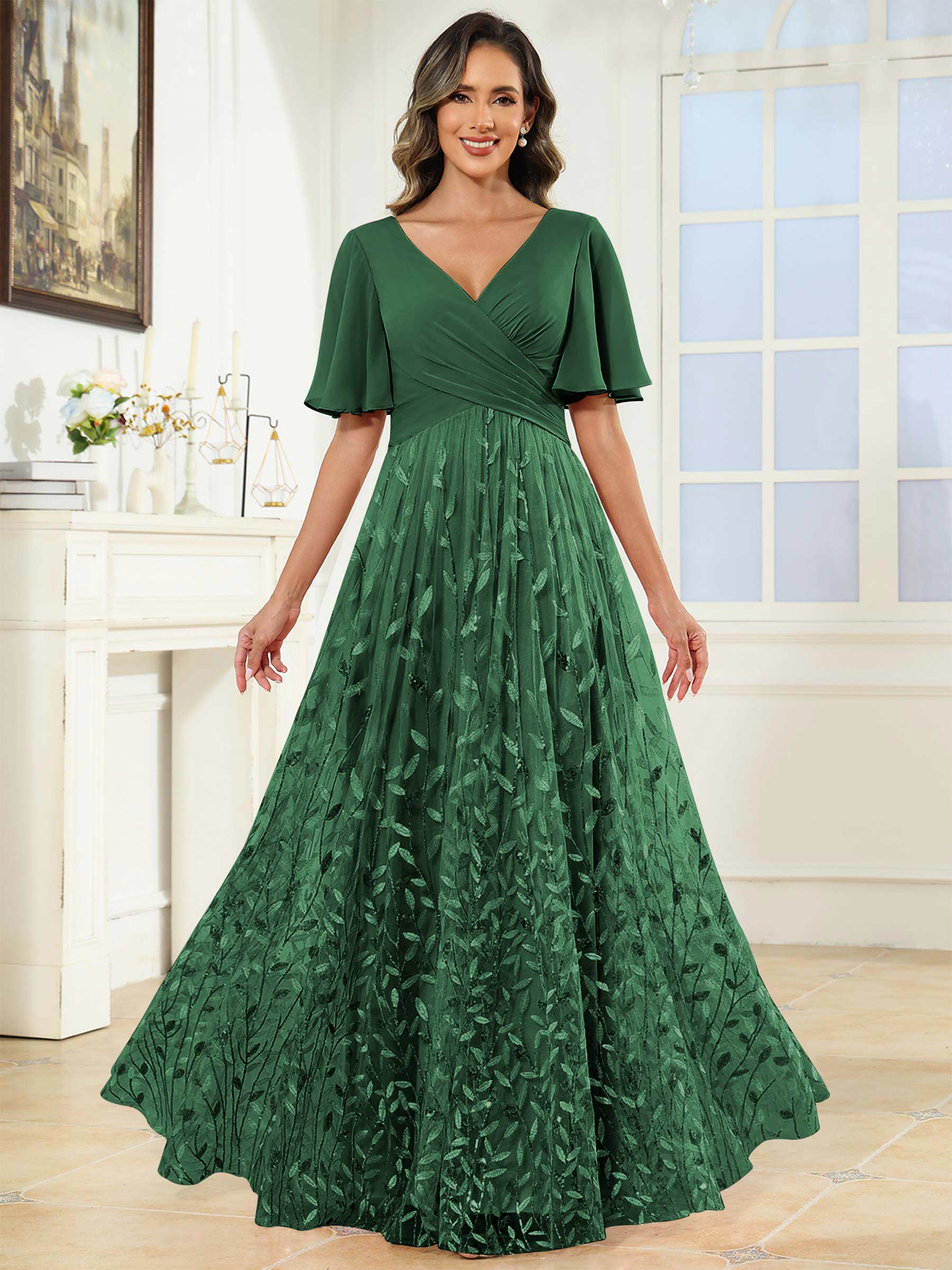 ROVDESY A-Line V-Neck Chiffon Sequin Mother Of The Bride Dress With Short Sleeves
