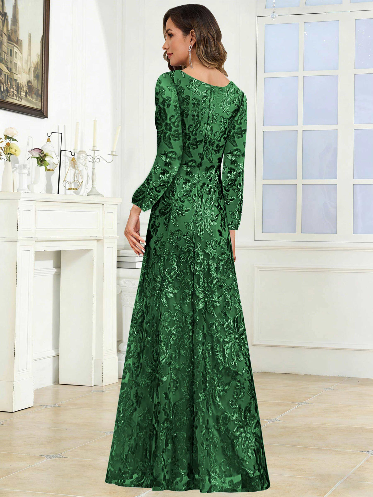 Crew Neck Sequin Lace Long Sleeve Mother of the Bride Dress