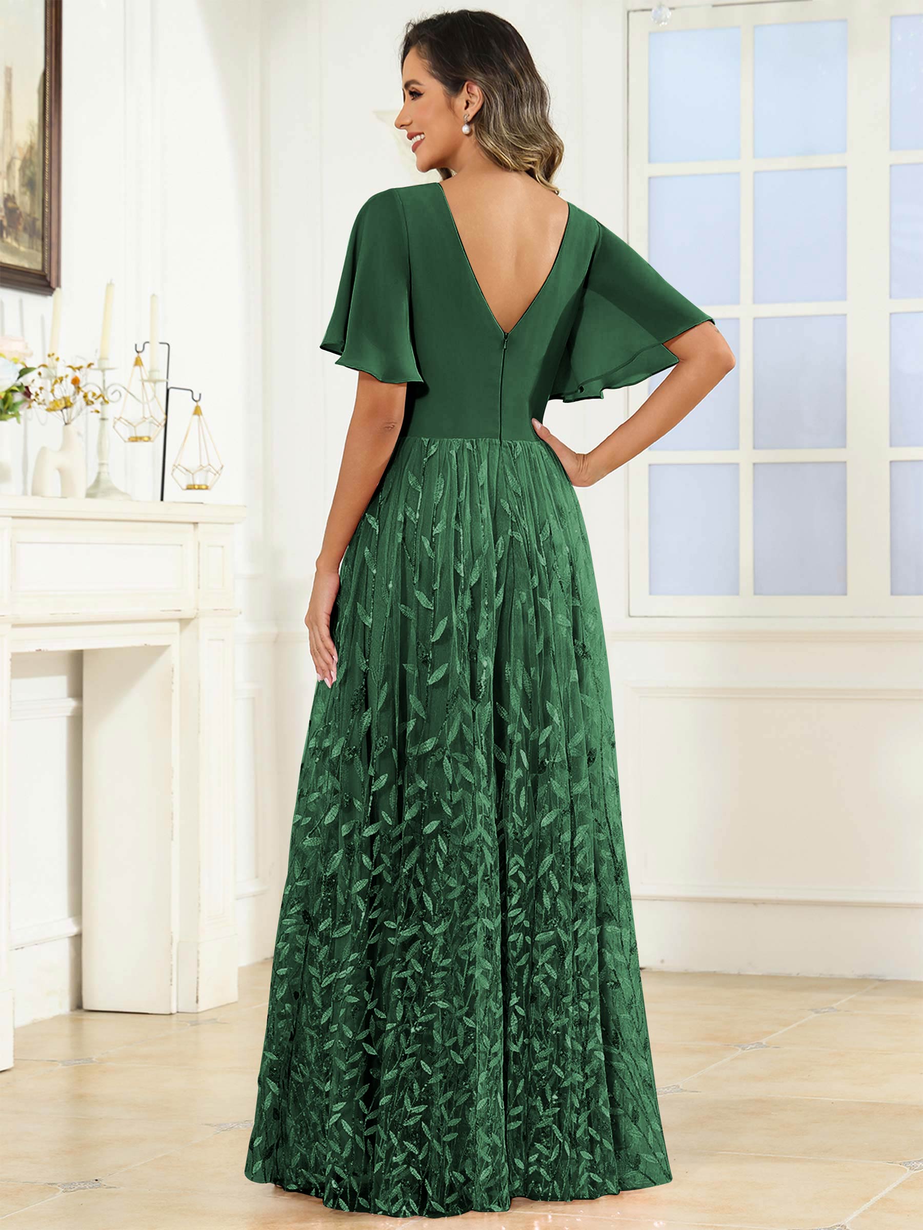 ROVDESY A-Line V-Neck Chiffon Sequin Mother Of The Bride Dress With Short Sleeves