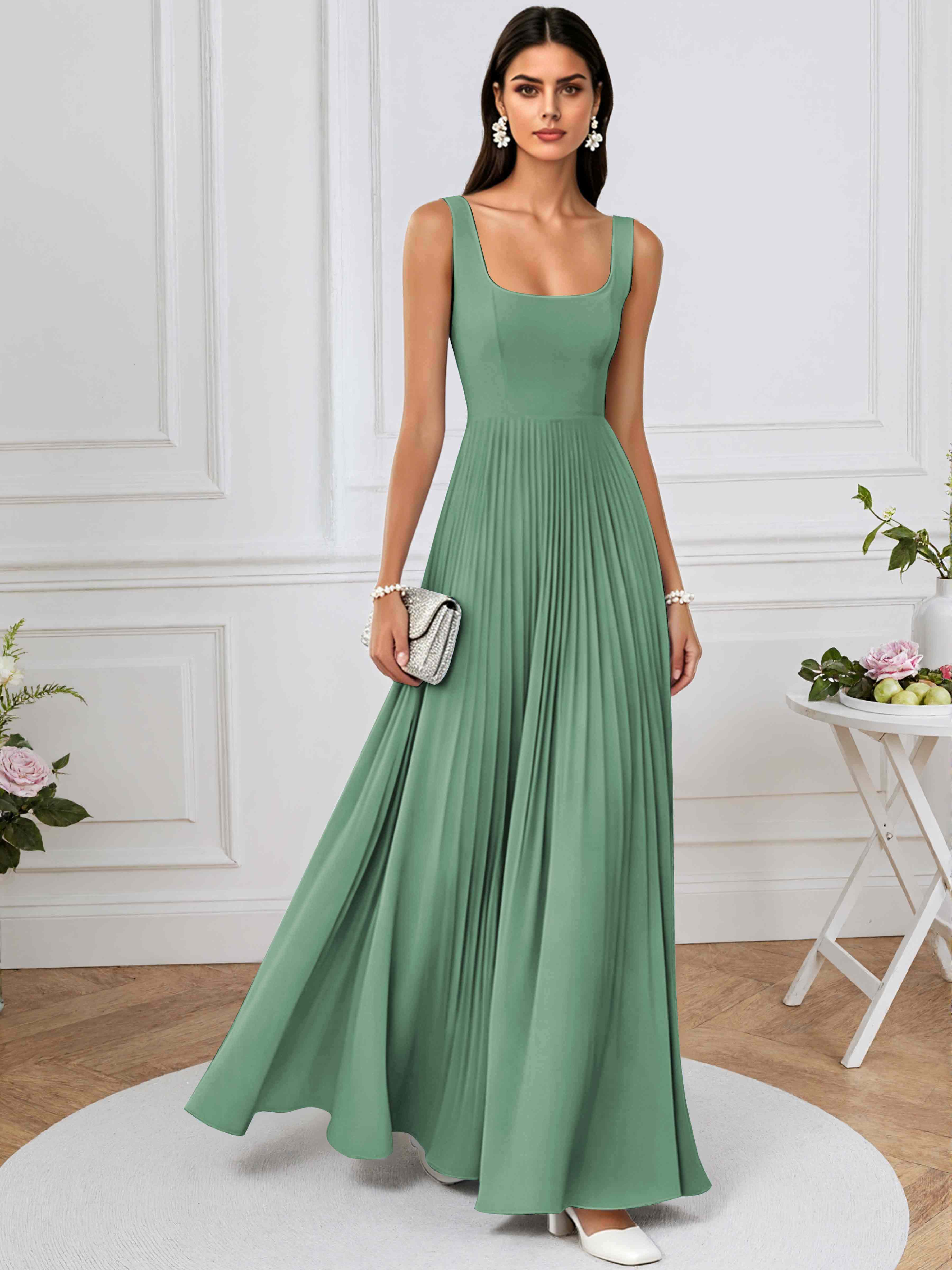 ROVDESY A-Line Square Neck Pleated Chiffon Long Bridesmaid/Prom Dress