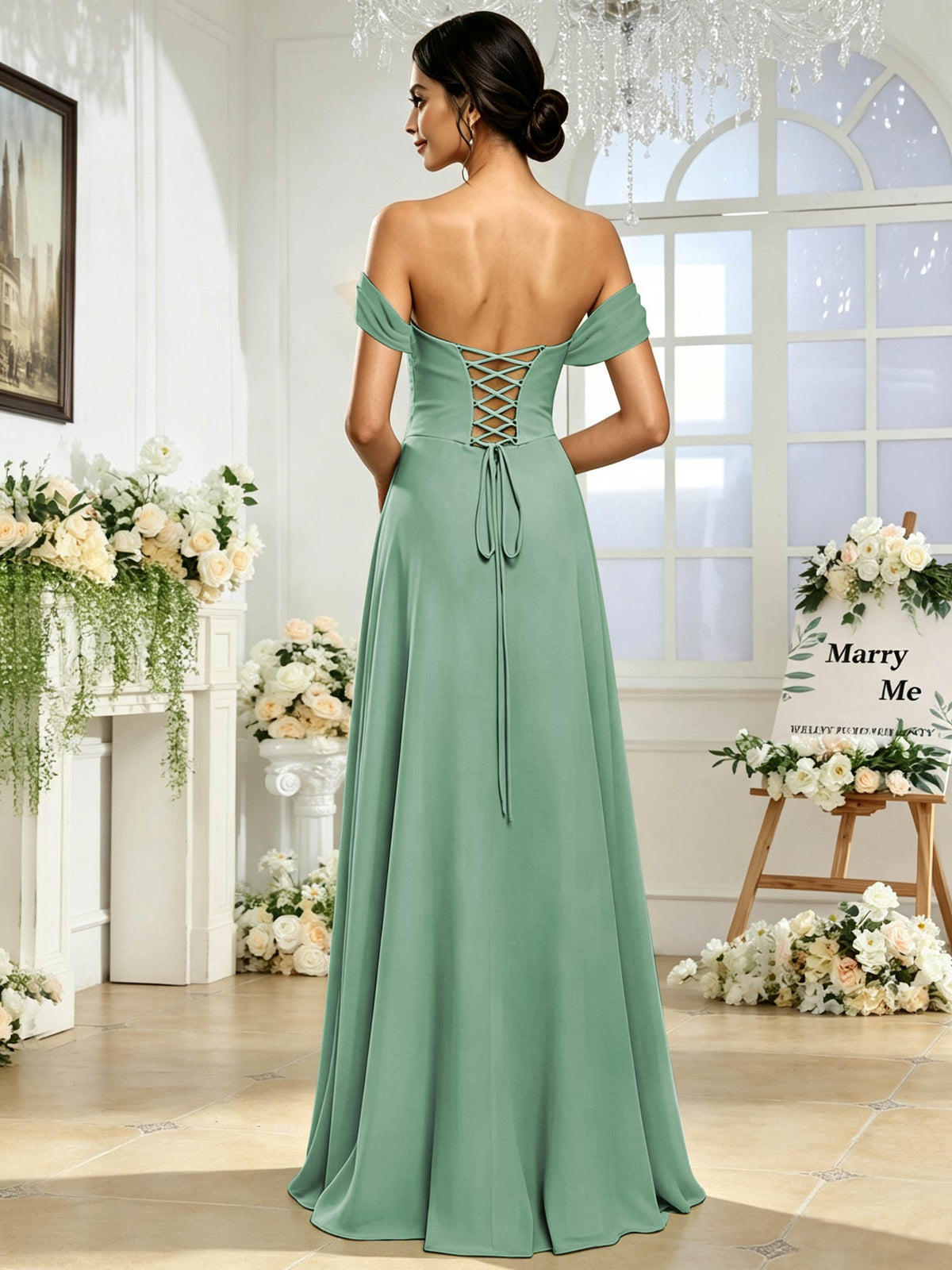 Off the Shoulder Chiffon A Line Long Bridesmaid Dress with Slit