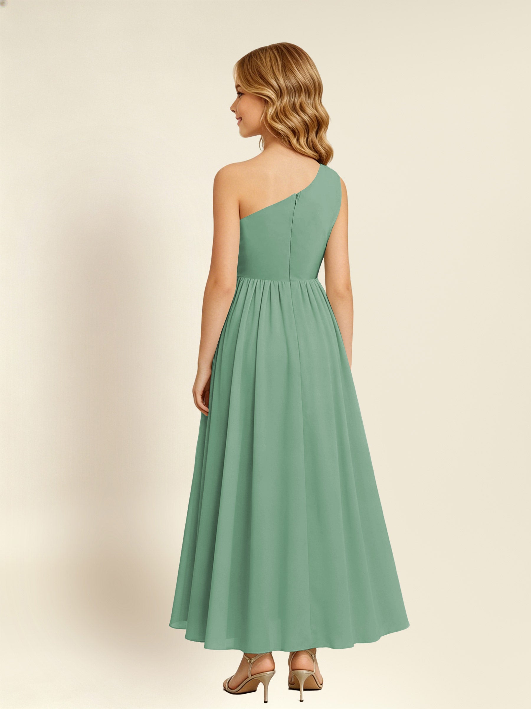 ROVDESY One Shoulder Twist Waist Chiffon Junior Bridesmaid Maxi Dress