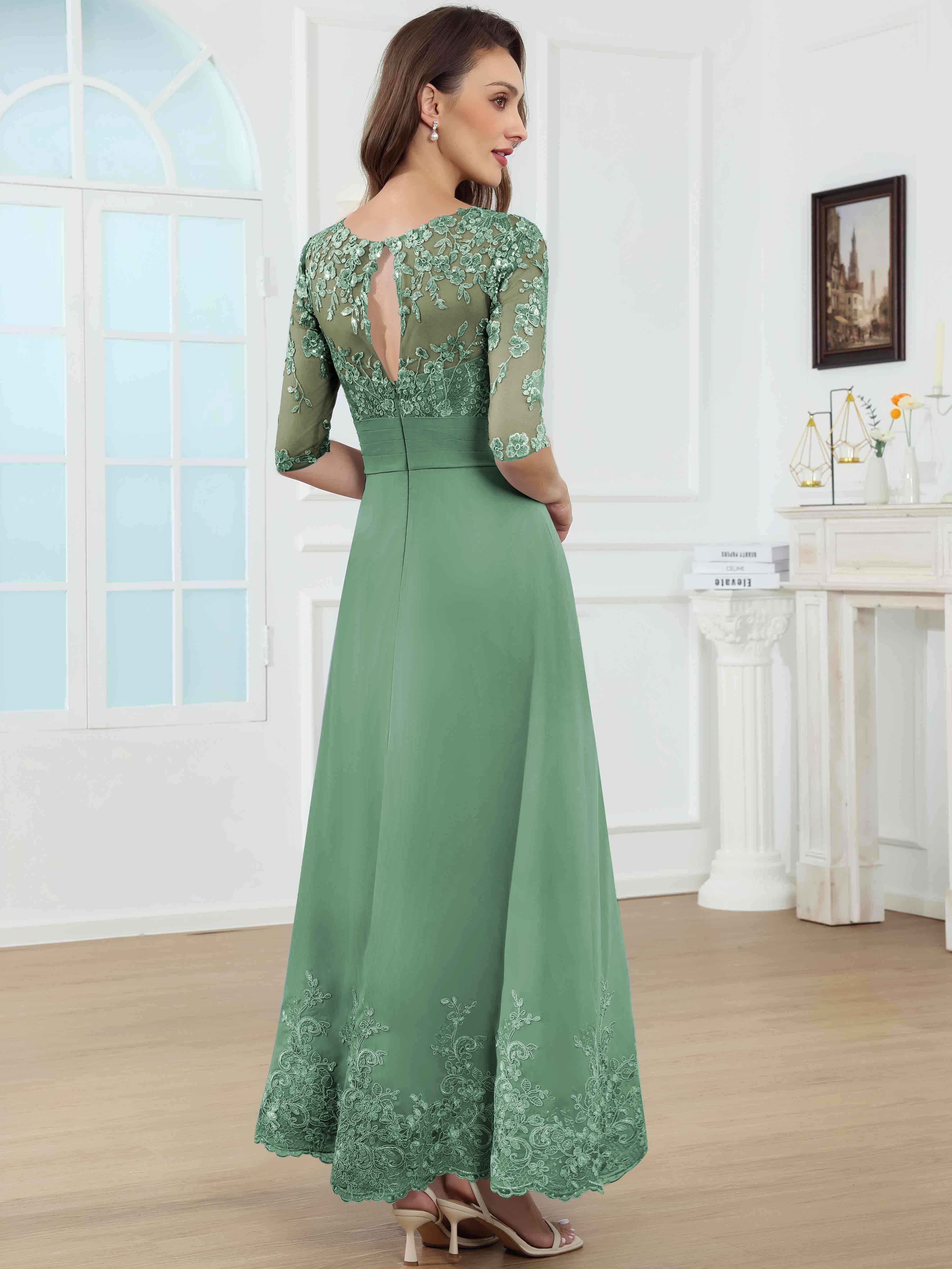 ROVDESY A-Line Lace Sequin Pleated Chiffon Mother Of The Bride Dress With Half Sleeves