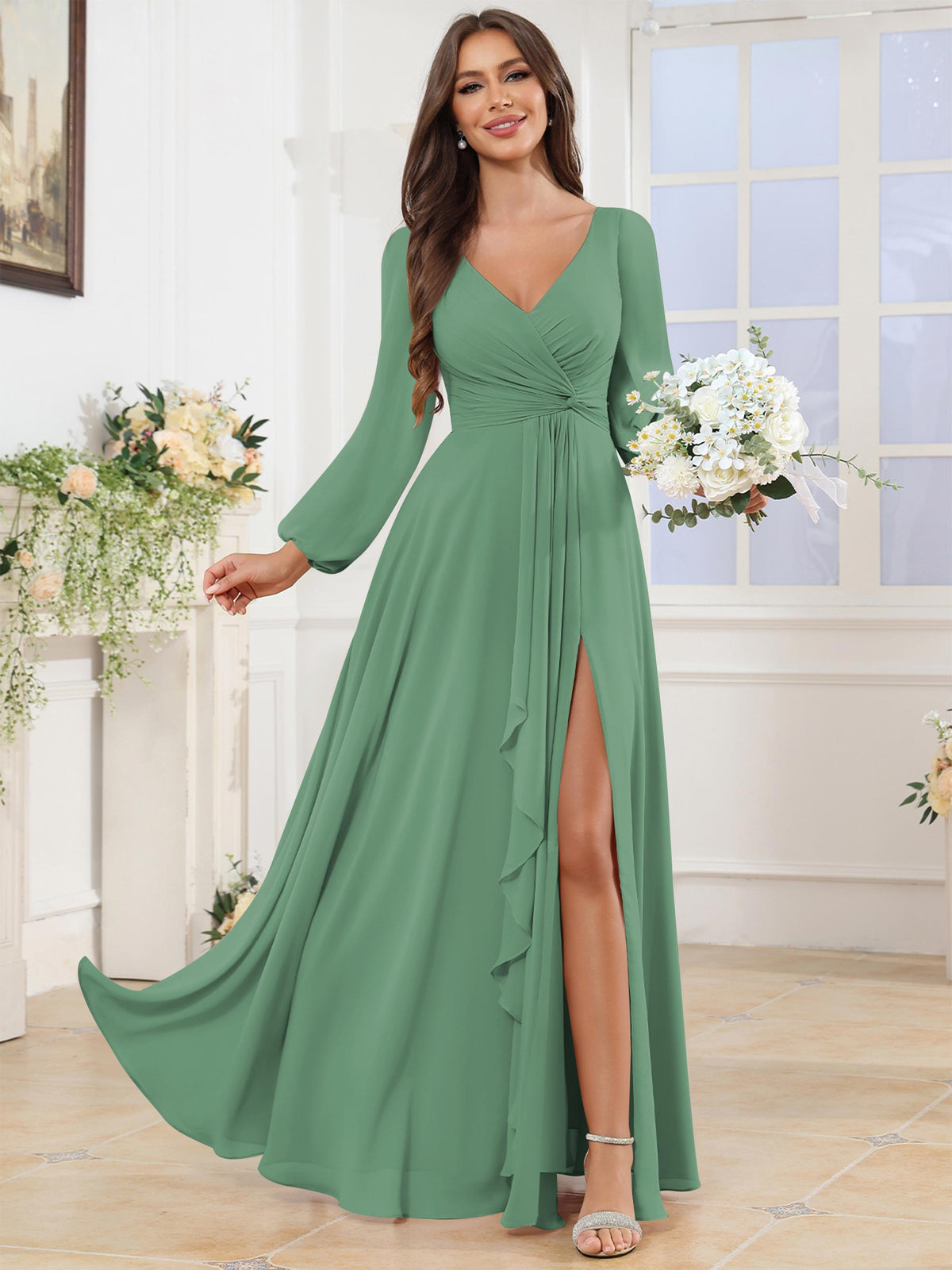 V Neck Chiffon Long Sleeve Bridesmaid Dresses with Slit