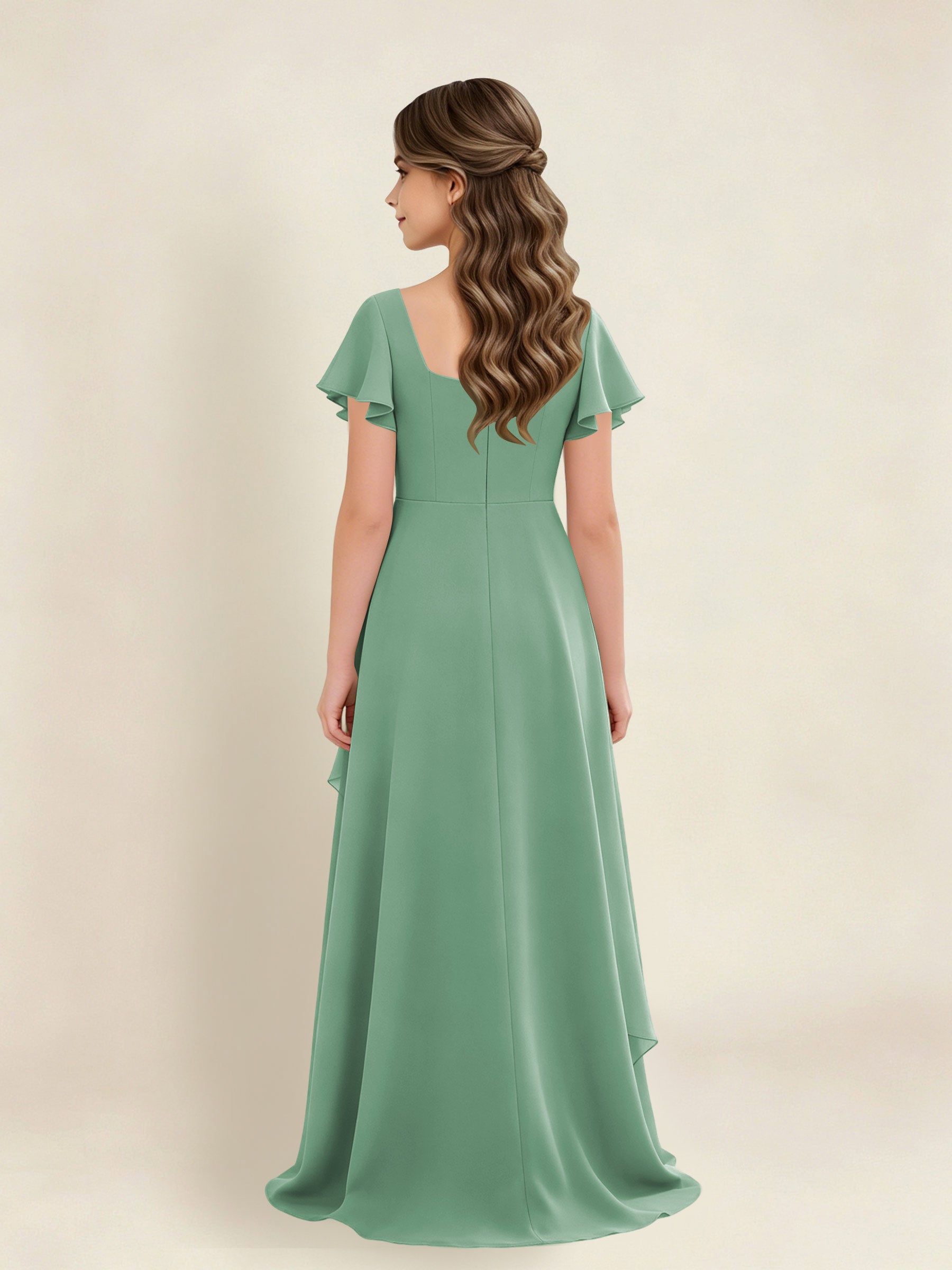 ROVDESY A-Line Square Neck Ruffle Chiffon Junior Bridesmaid Dress With Short Sleeves