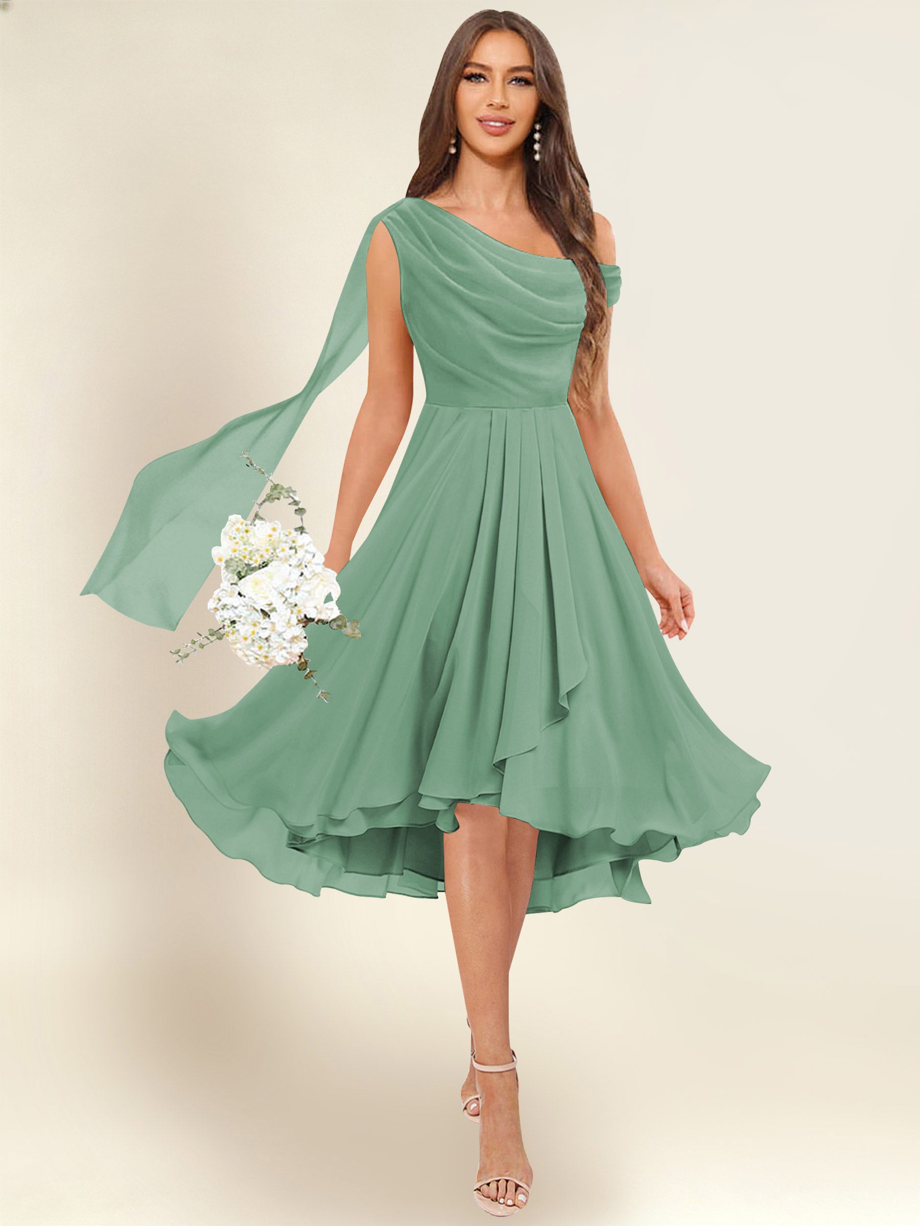 ROVDESY A-Line One Shoulder Pleated Chiffon Bridesmaid Dress With Flowing Sash