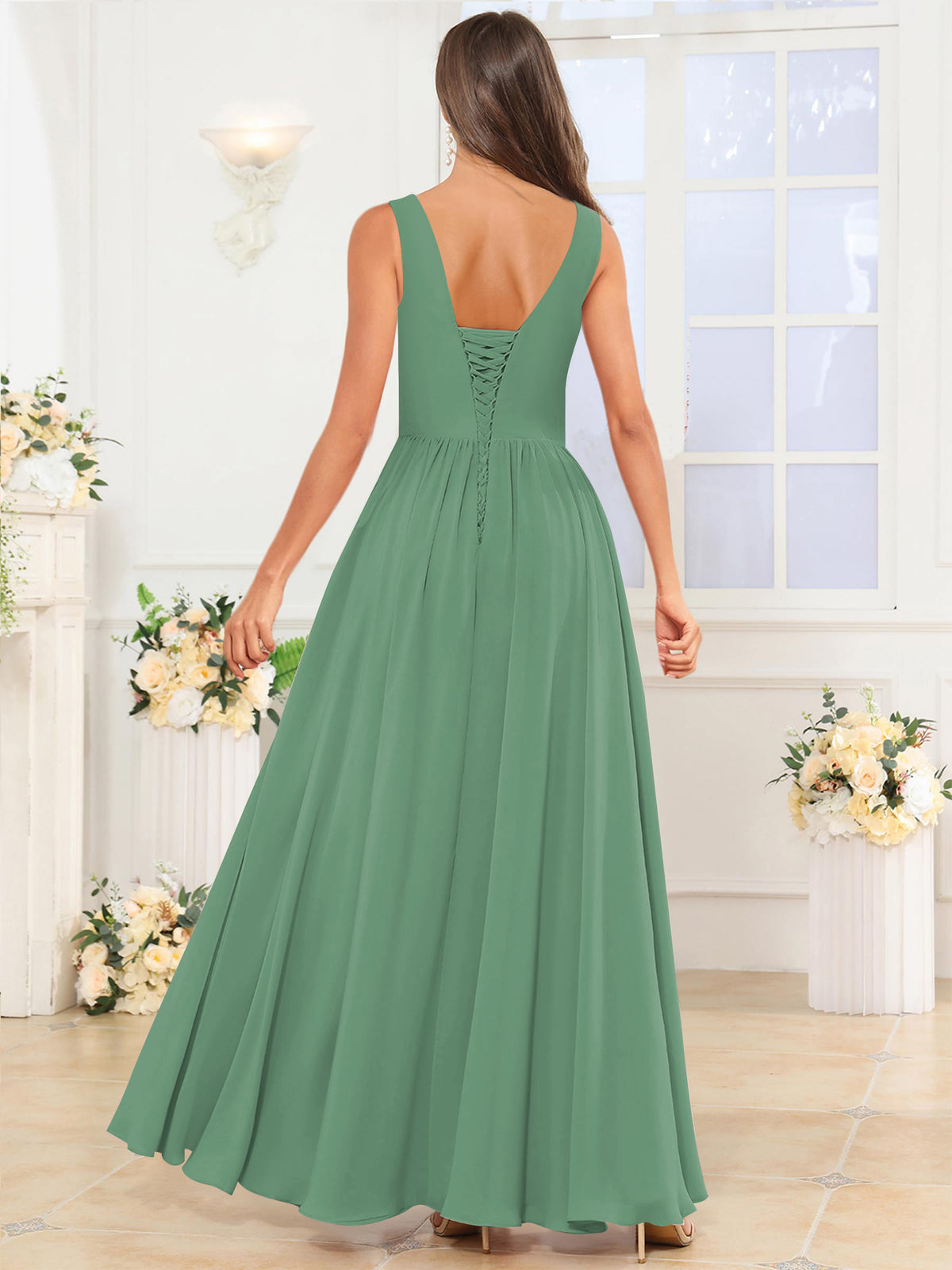 V Neck Chiffon A Line Bridesmaid Dress with Slit