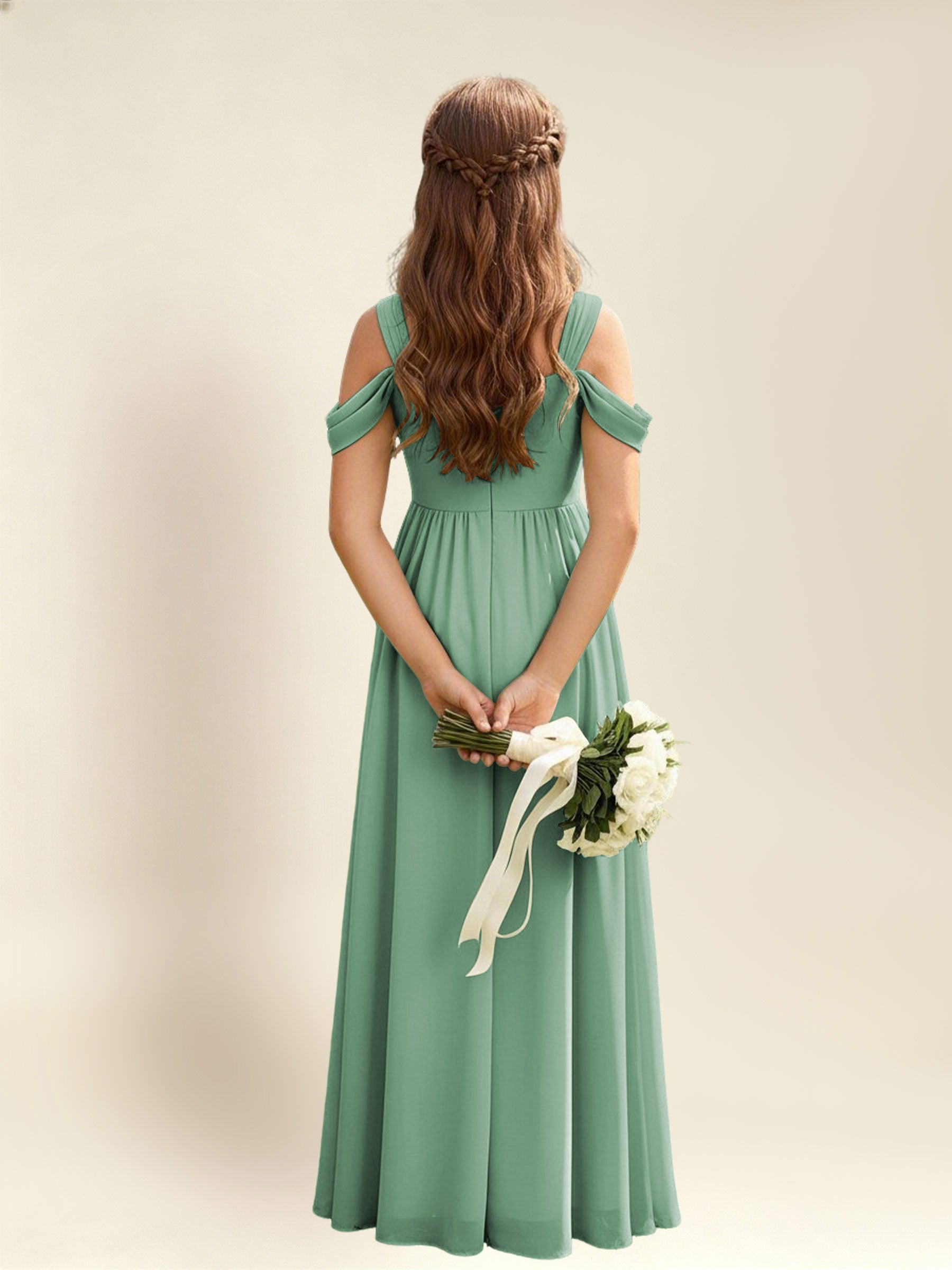 ROVDESY A-Line Off The Shoulder Pleated Chiffon Junior Bridesmaid Dress