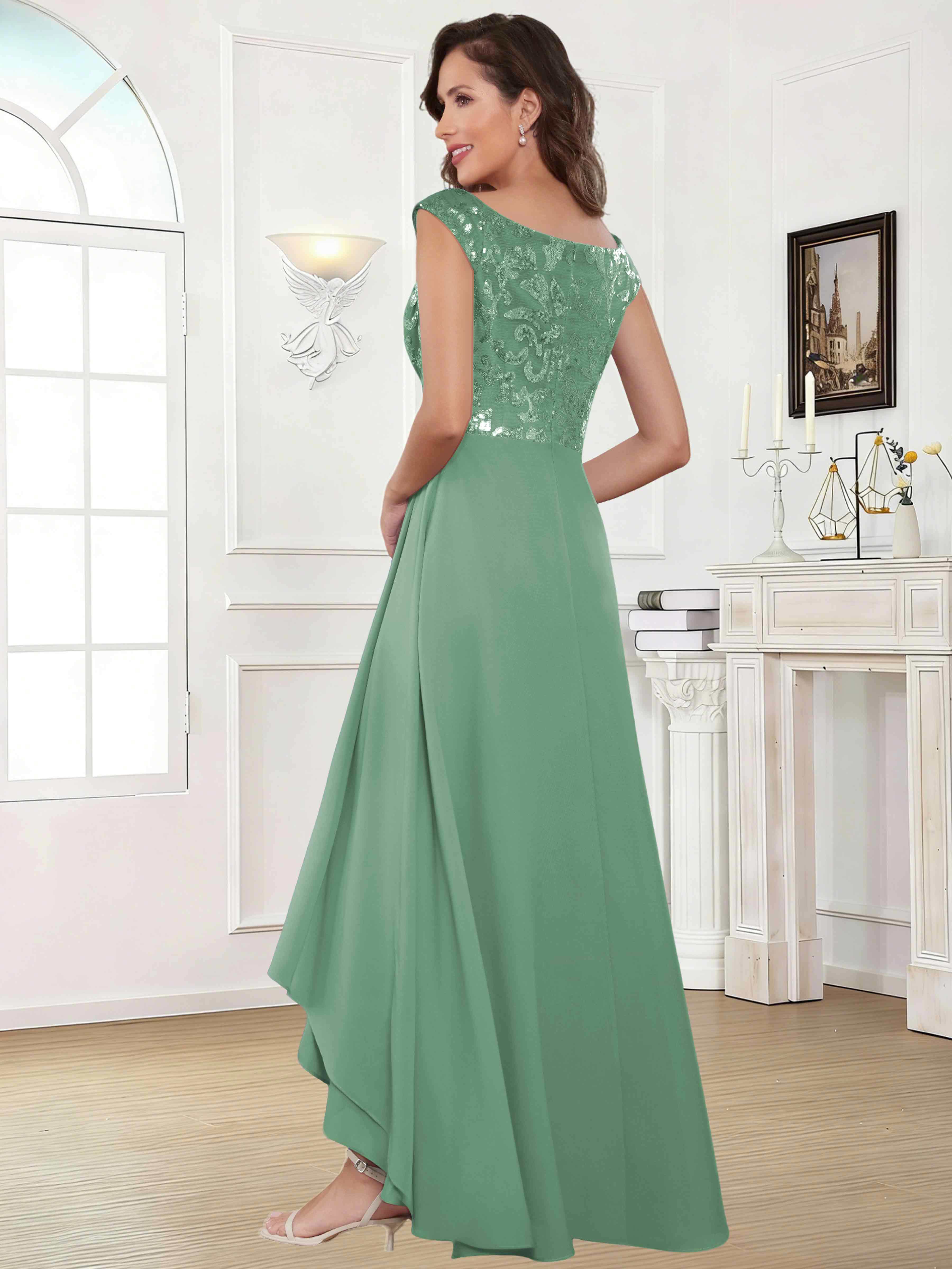 ROVDESY Tea Length Off-The-Shoulder Sequin Chiffon Mother Of The Bride Dress