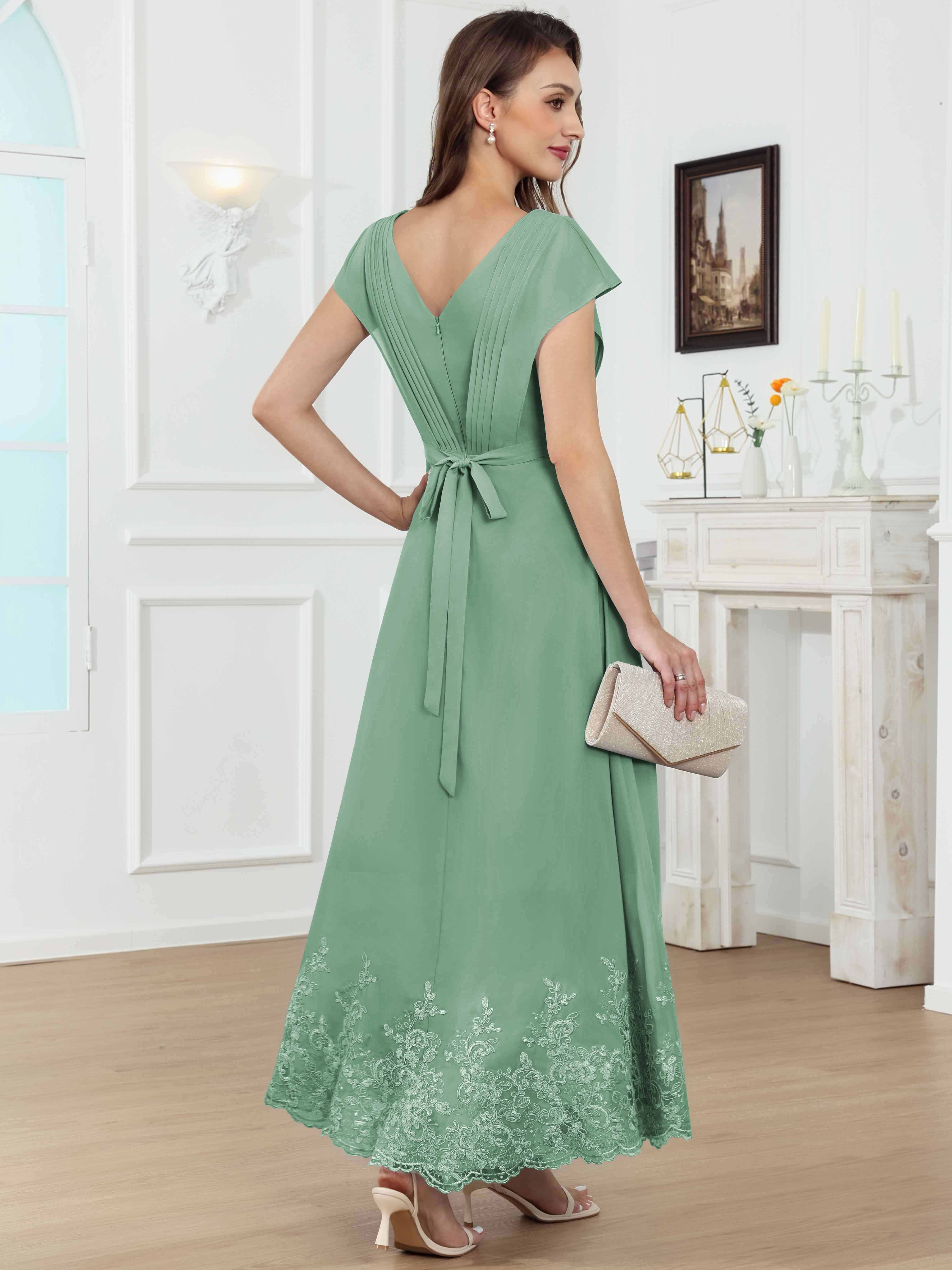 ROVDESY Tea Length High-Low V-Neck Ruched Lace Chiffon Mother of The Bride Dress for Women