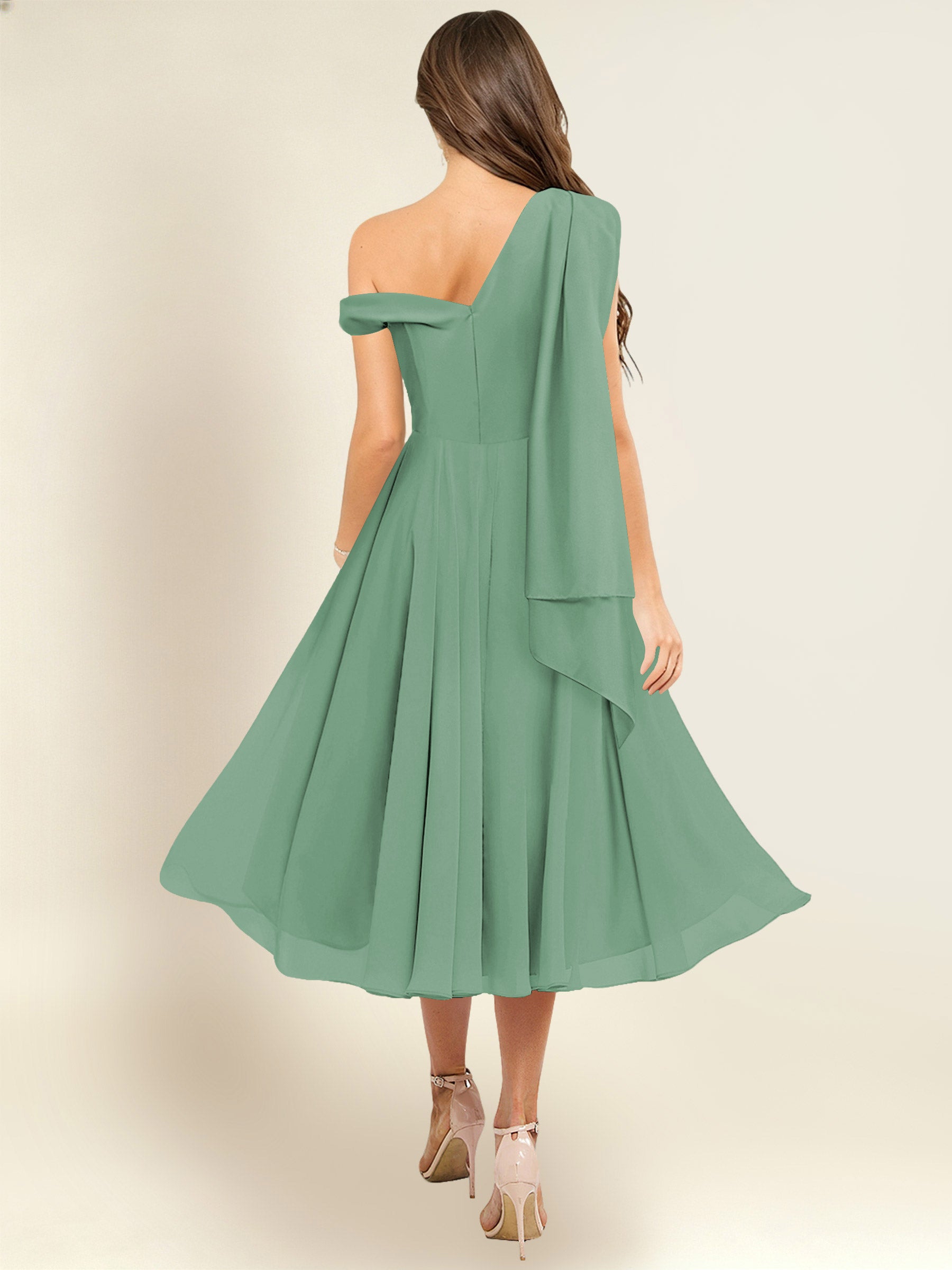 ROVDESY A-Line One Shoulder Pleated Chiffon Bridesmaid Dress With Flowing Sash