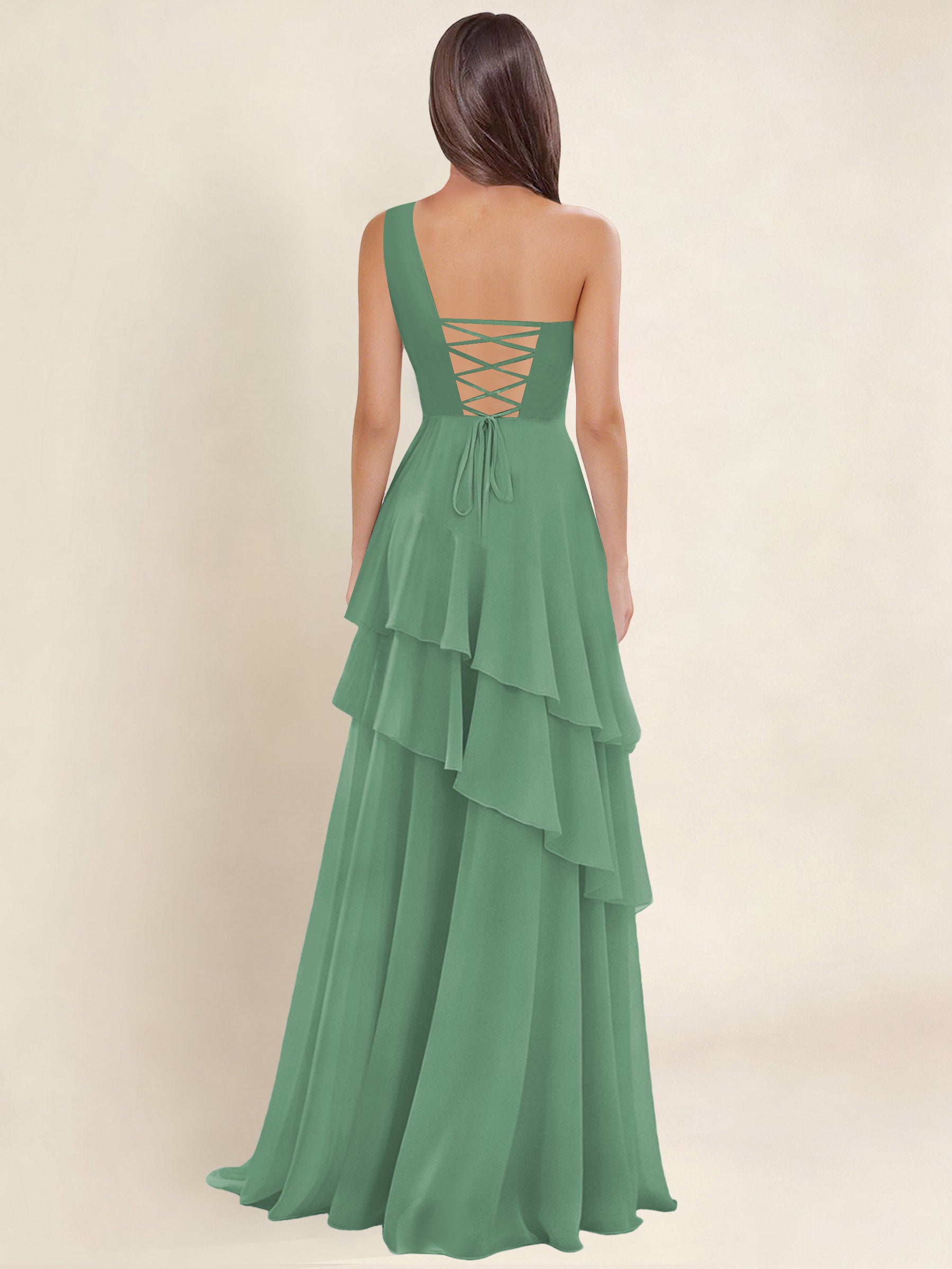 ROVDESY A-Line One Shoulder Pleated Tiered Chiffon Bridesmaid Dress