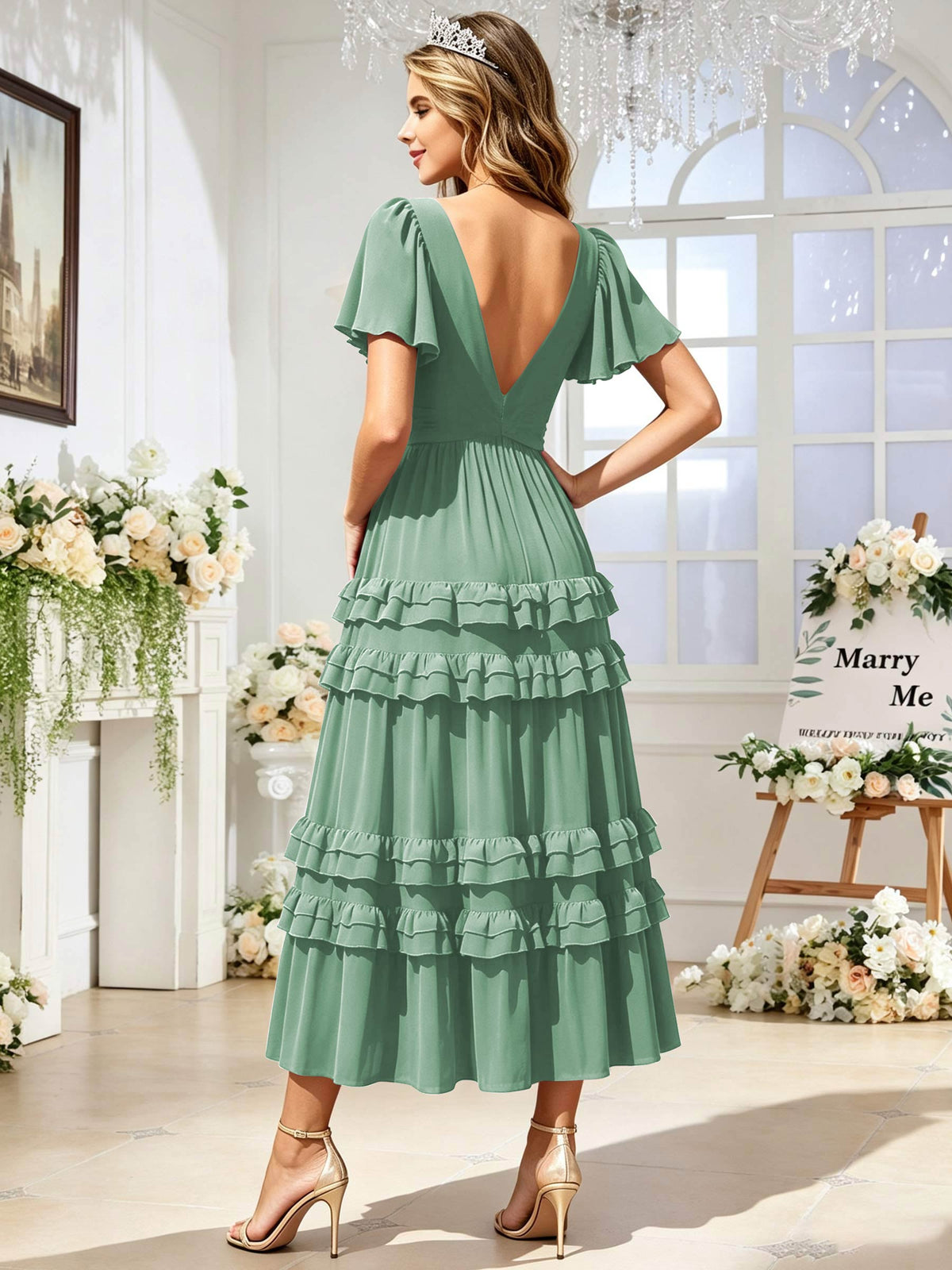 A Line Chiffon Pleated Bridesmaid Dress with Sleeves
