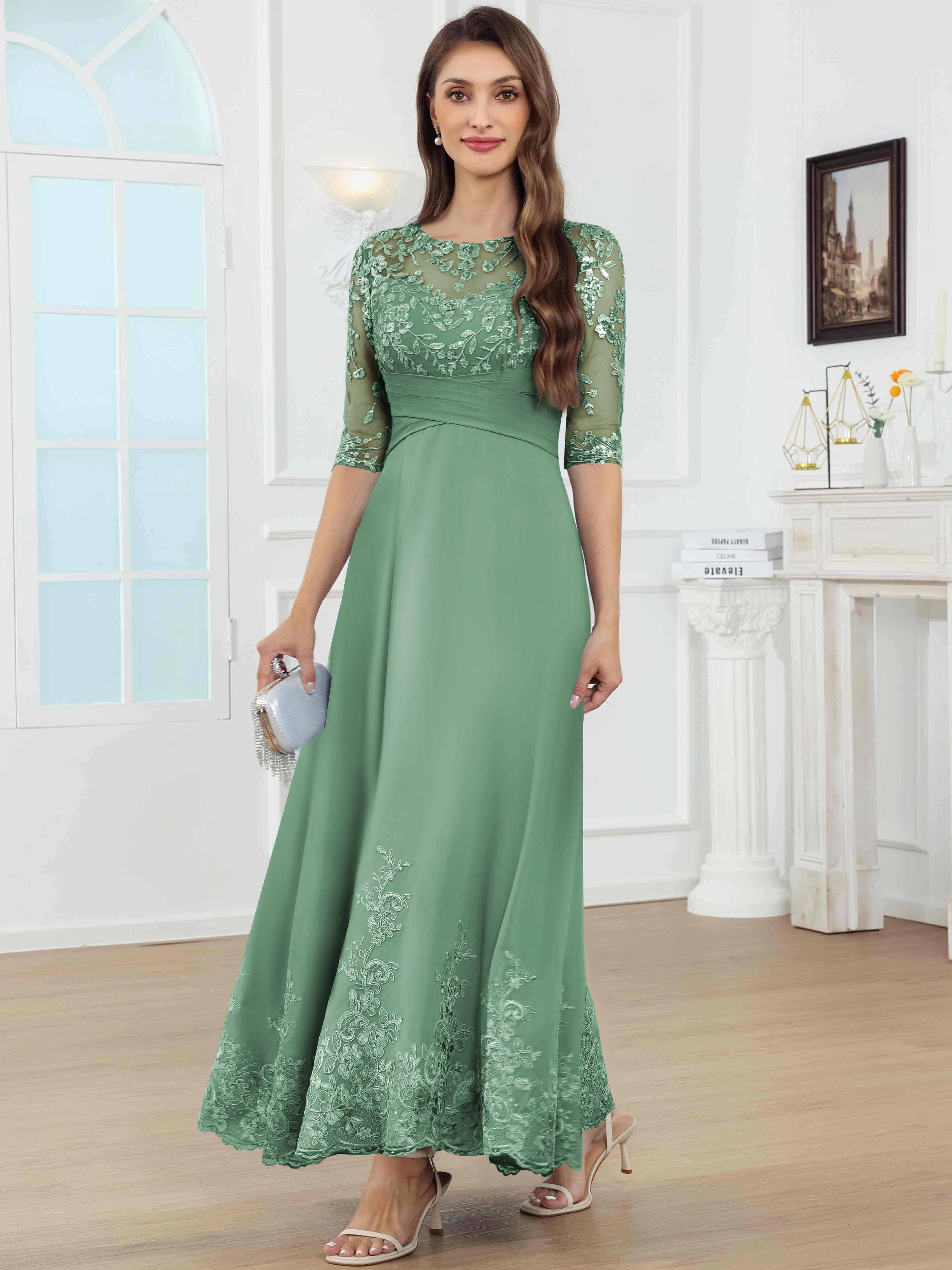 ROVDESY A-Line Lace Sequin Pleated Chiffon Mother Of The Bride Dress With Half Sleeves