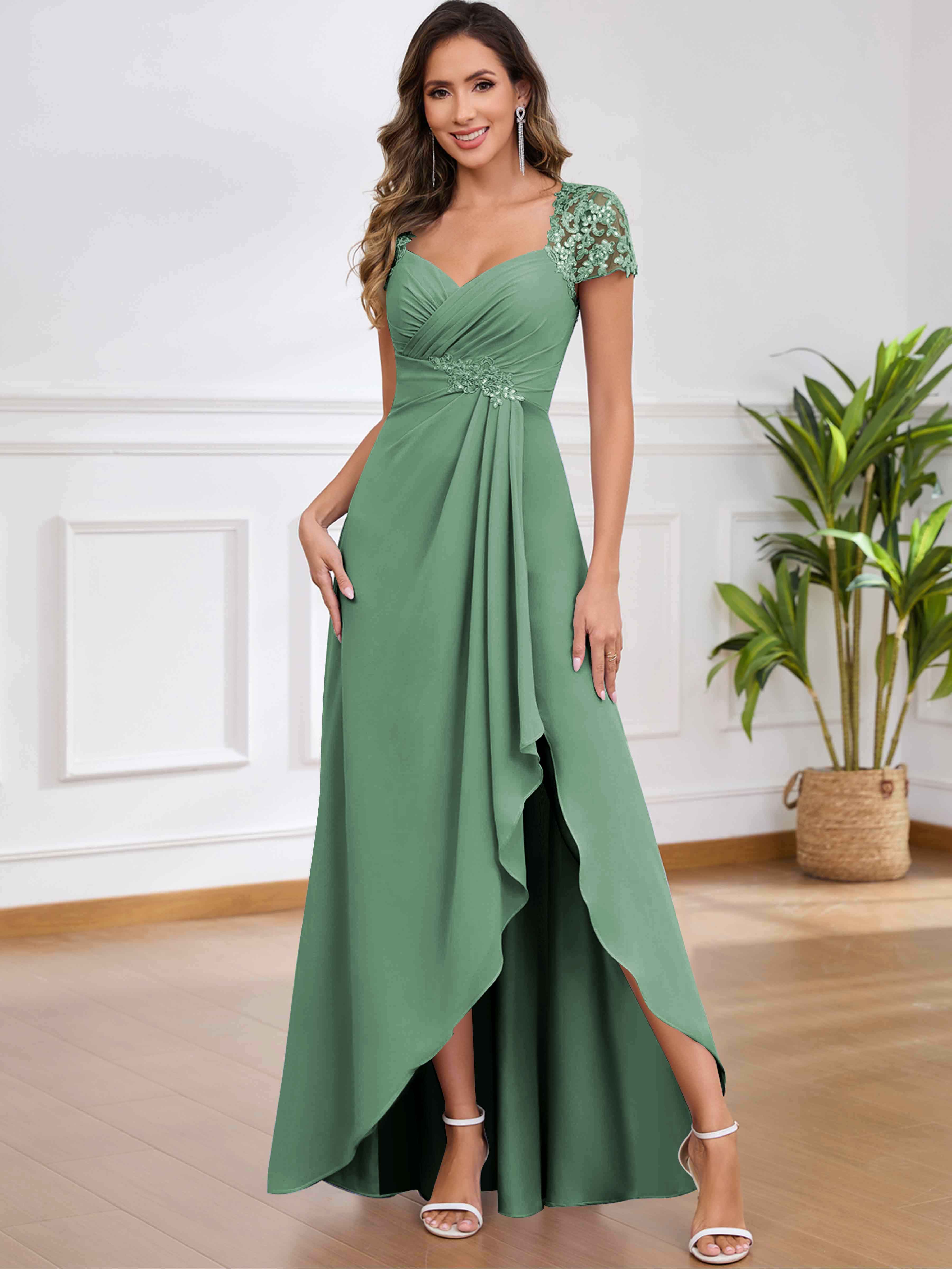 ROVDESY A-Line Pleated Lace Sequin Ruffle Chiffon Mother Of The Bride Dress With Slit