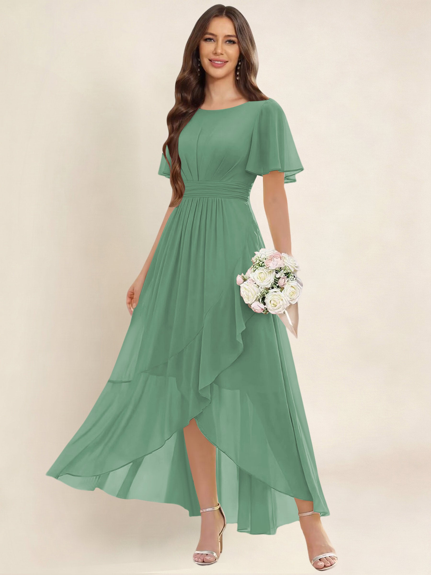 ROVDESY A-Line High Low Round Neck Pleated Ruffle Chiffon Bridesmaid Dress With Short Sleeves